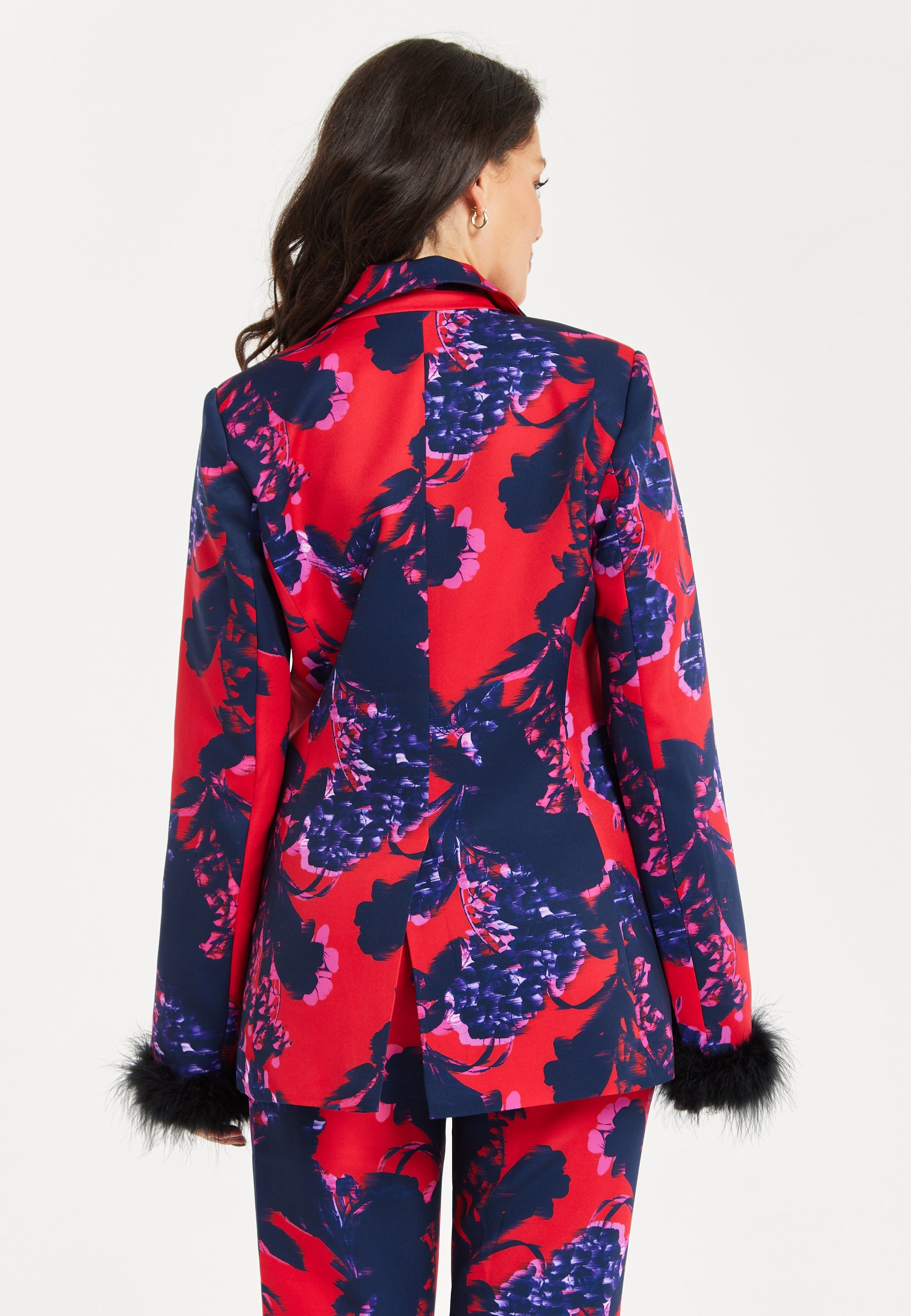 Women's Floral Print Blazer with Faux-Fur Cuffs and Fluffy Trim - Regular Fit by Liquorish