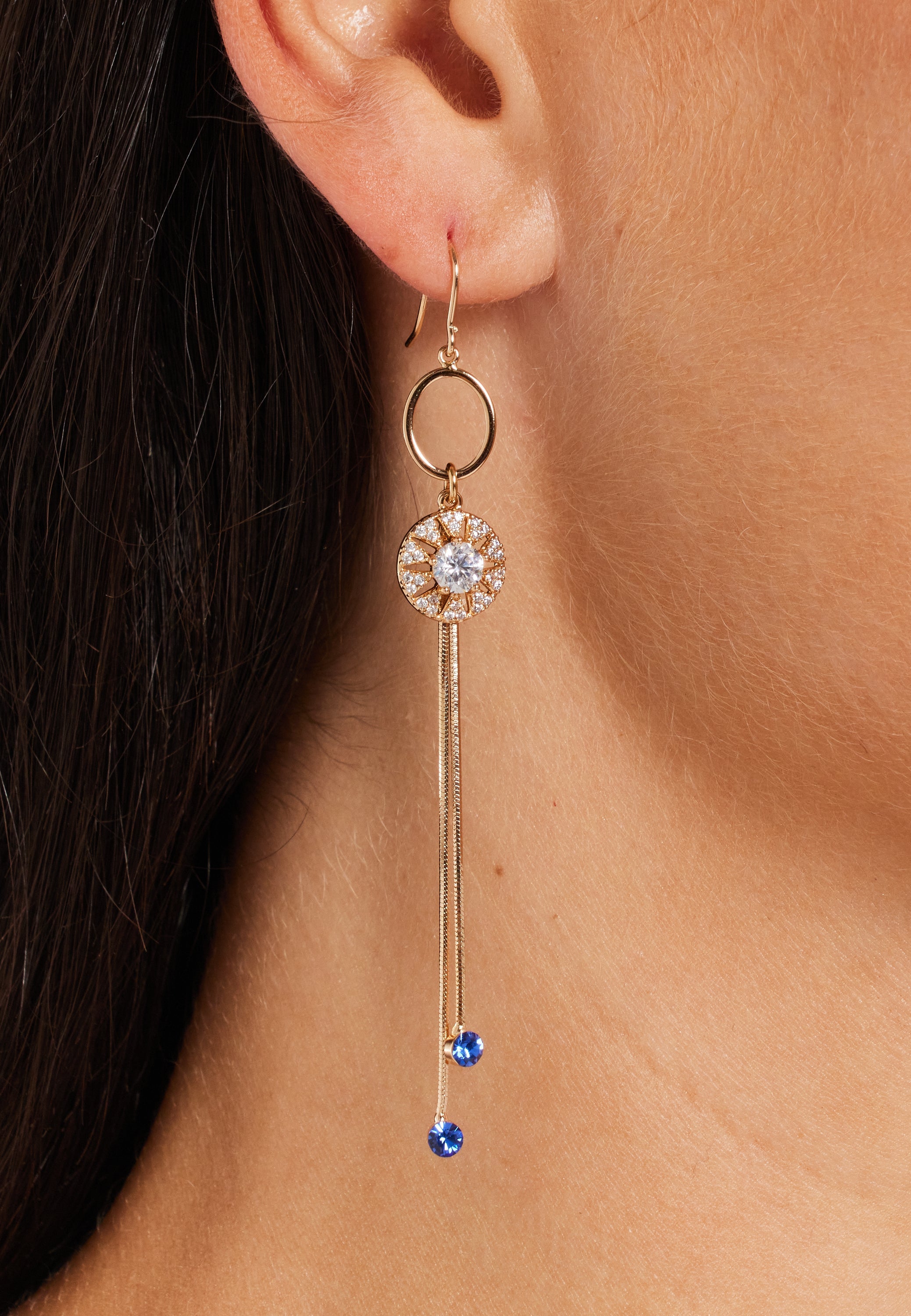 Diamond Gold Tassel Blue Long Drop Crystal Earrings