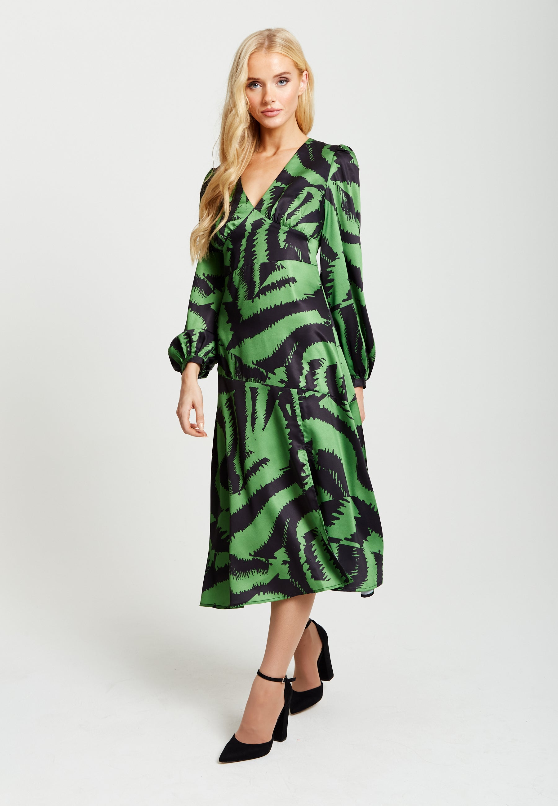 Women's Midi Dress in Green and Black Zebra Print with Long Sleeves - Liquorish