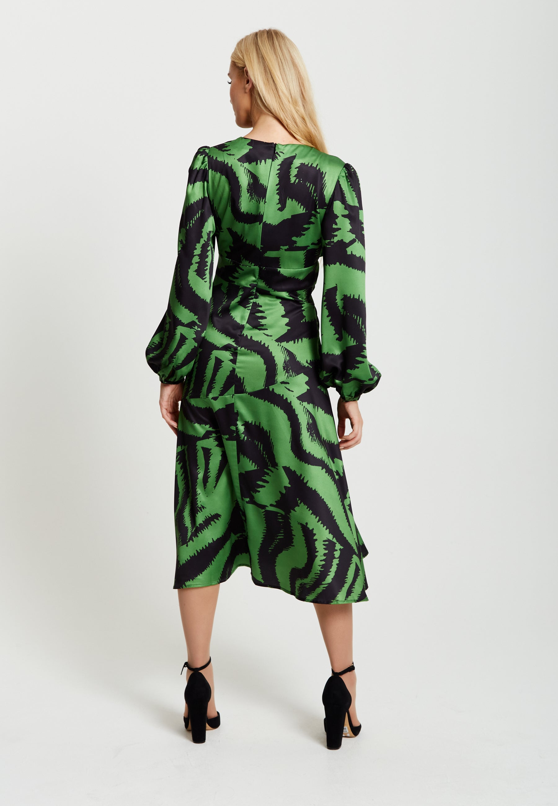 Women's Midi Dress in Green and Black Zebra Print with Long Sleeves - Liquorish