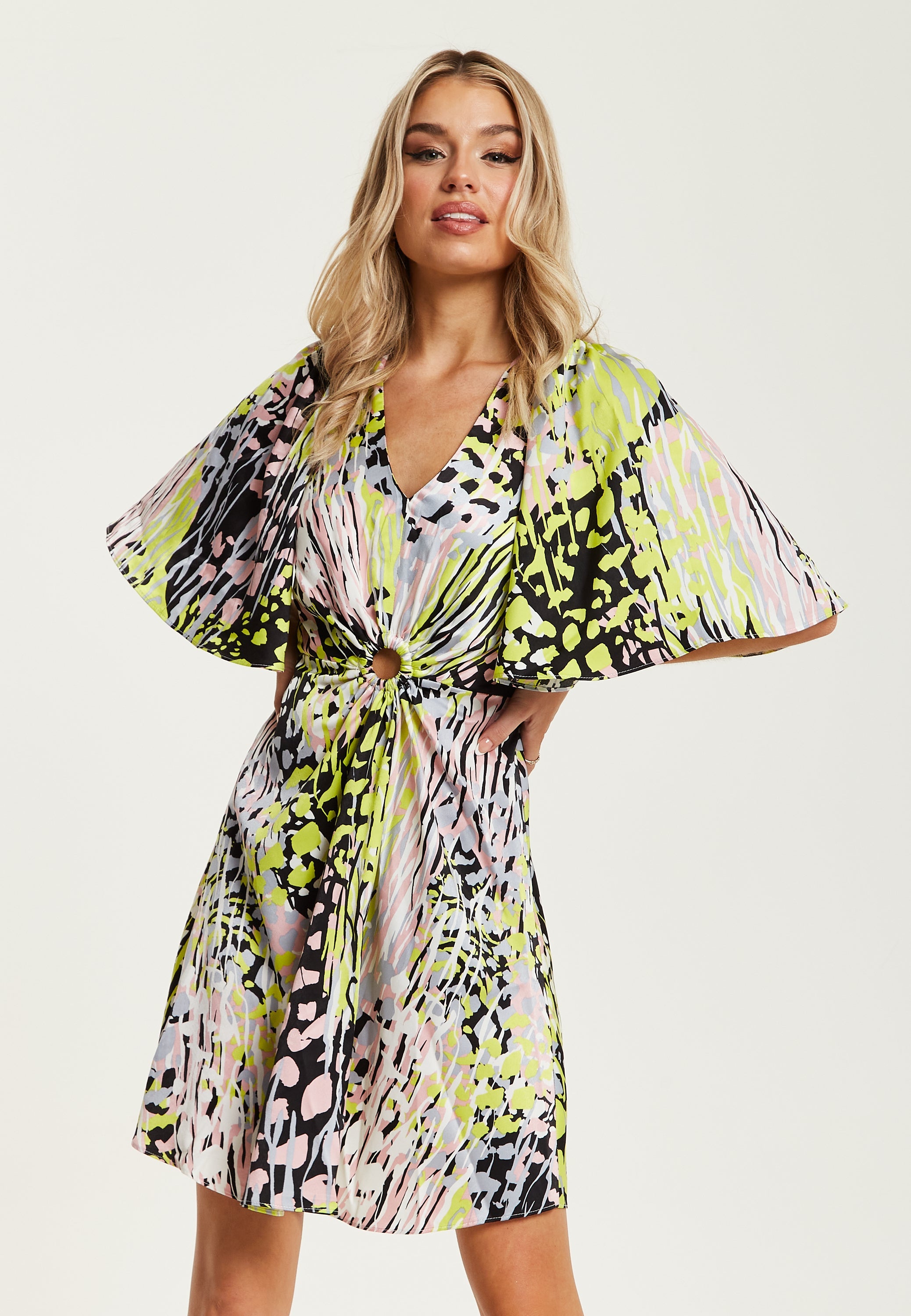 Women's Mini Dress with Vibrant Multicolour Abstract Print, V-Neck, Angel Sleeves, Cut-Out Front - Liquorish