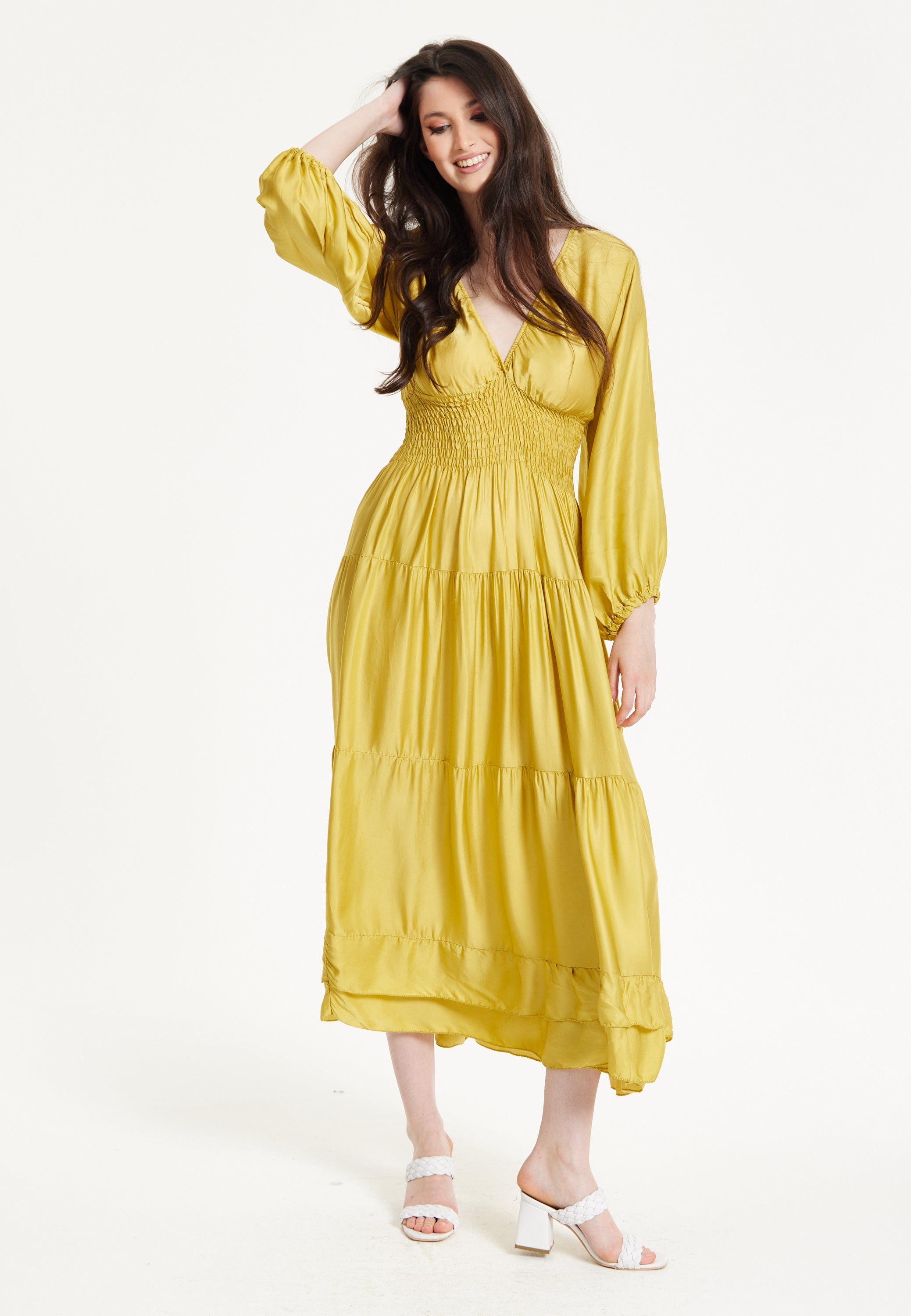 Yellow Smocked Waist Midi Dress