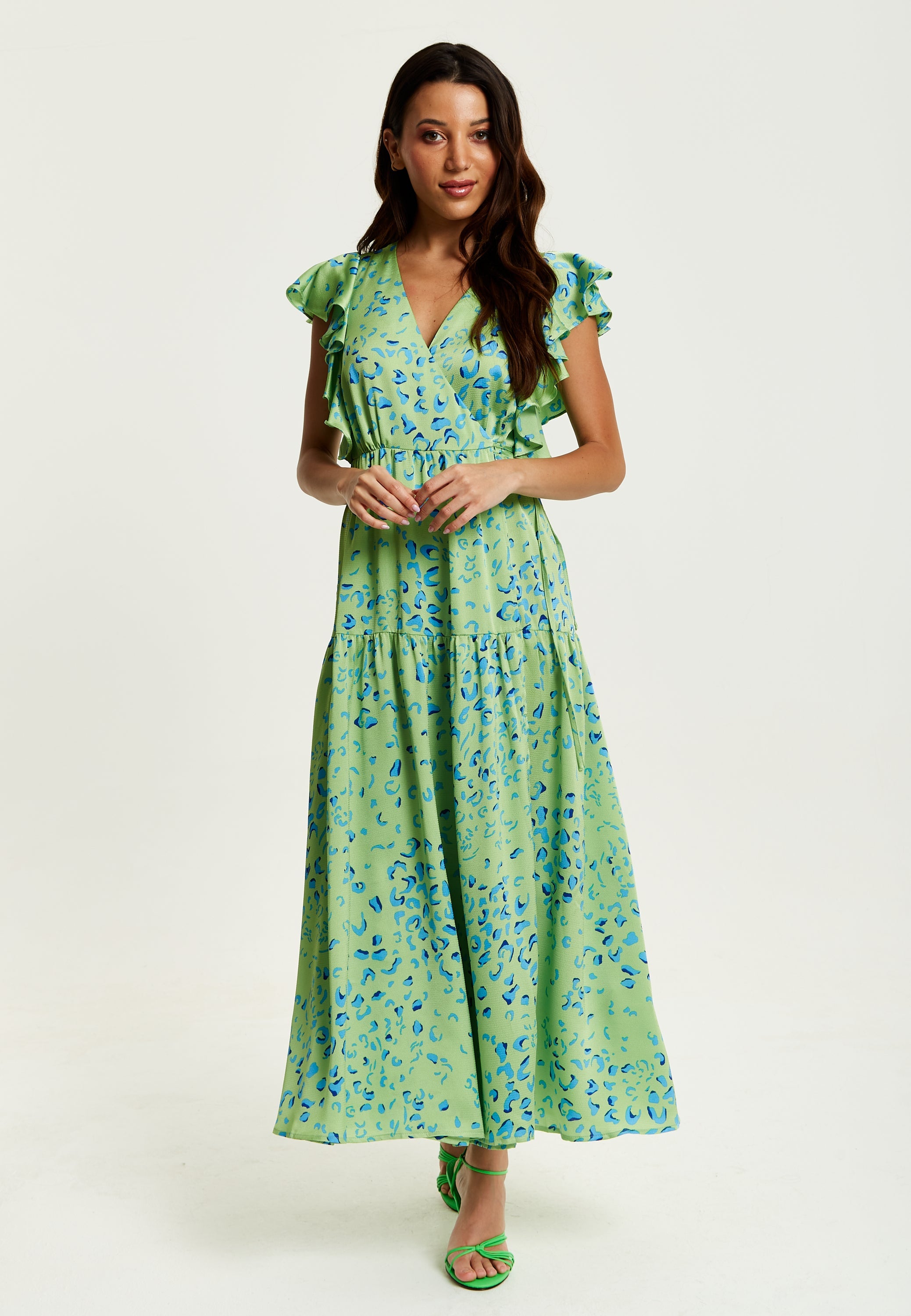 Women's Maxi Dress in Sage with V-Neck and Flouncy Sleeves - Liquorish