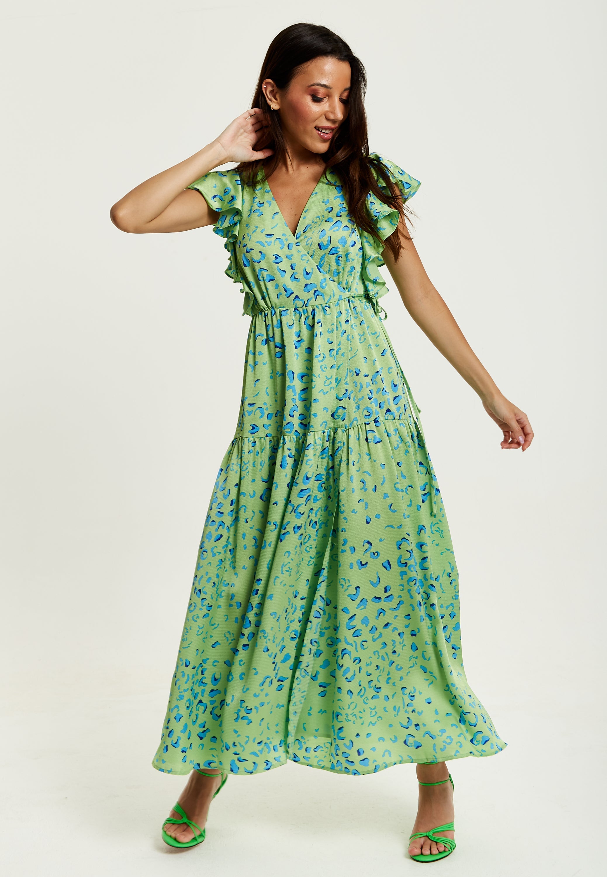 Women's Maxi Dress in Sage with V-Neck and Flouncy Sleeves - Liquorish