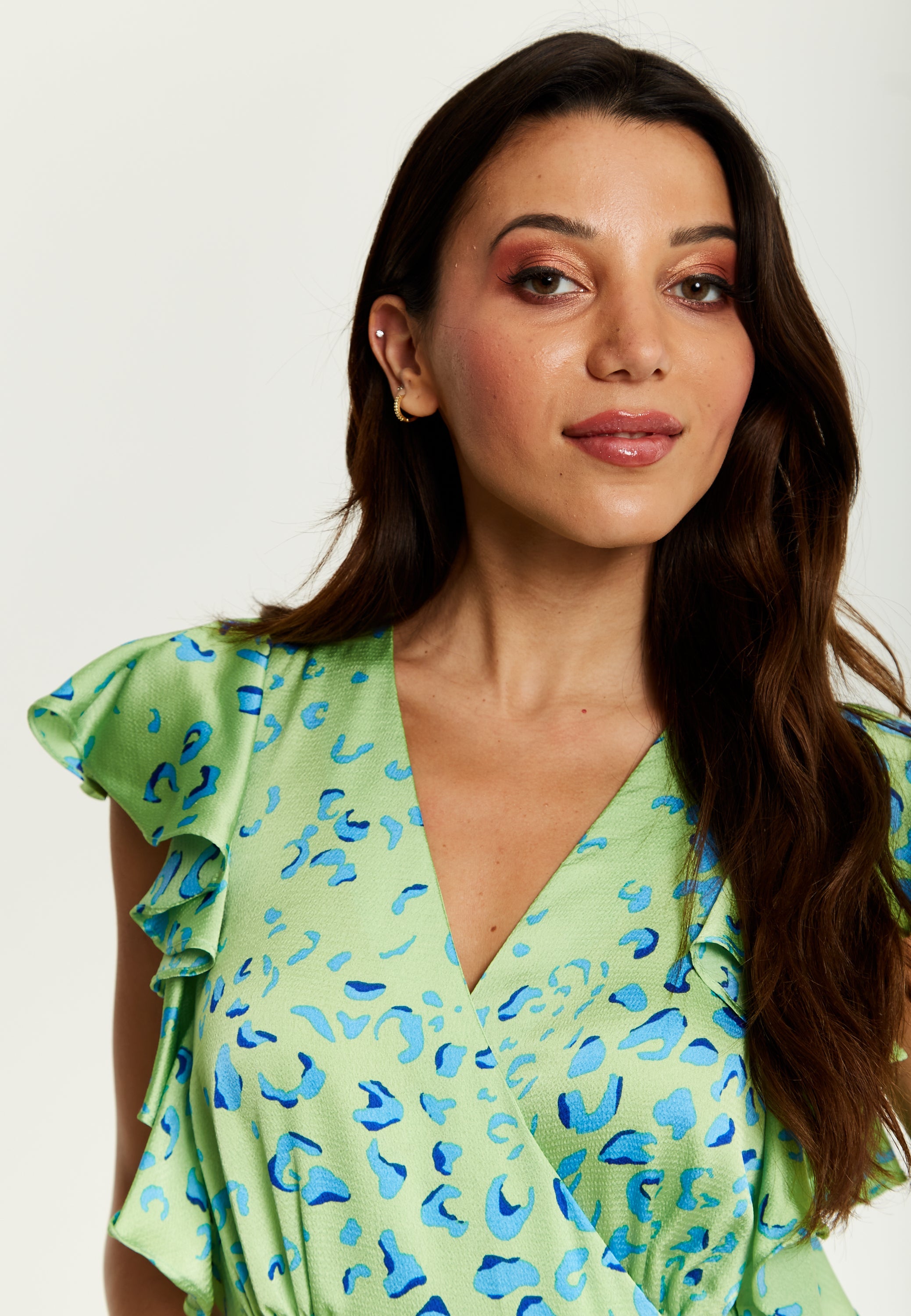 Women's Maxi Dress in Sage with V-Neck and Flouncy Sleeves - Liquorish