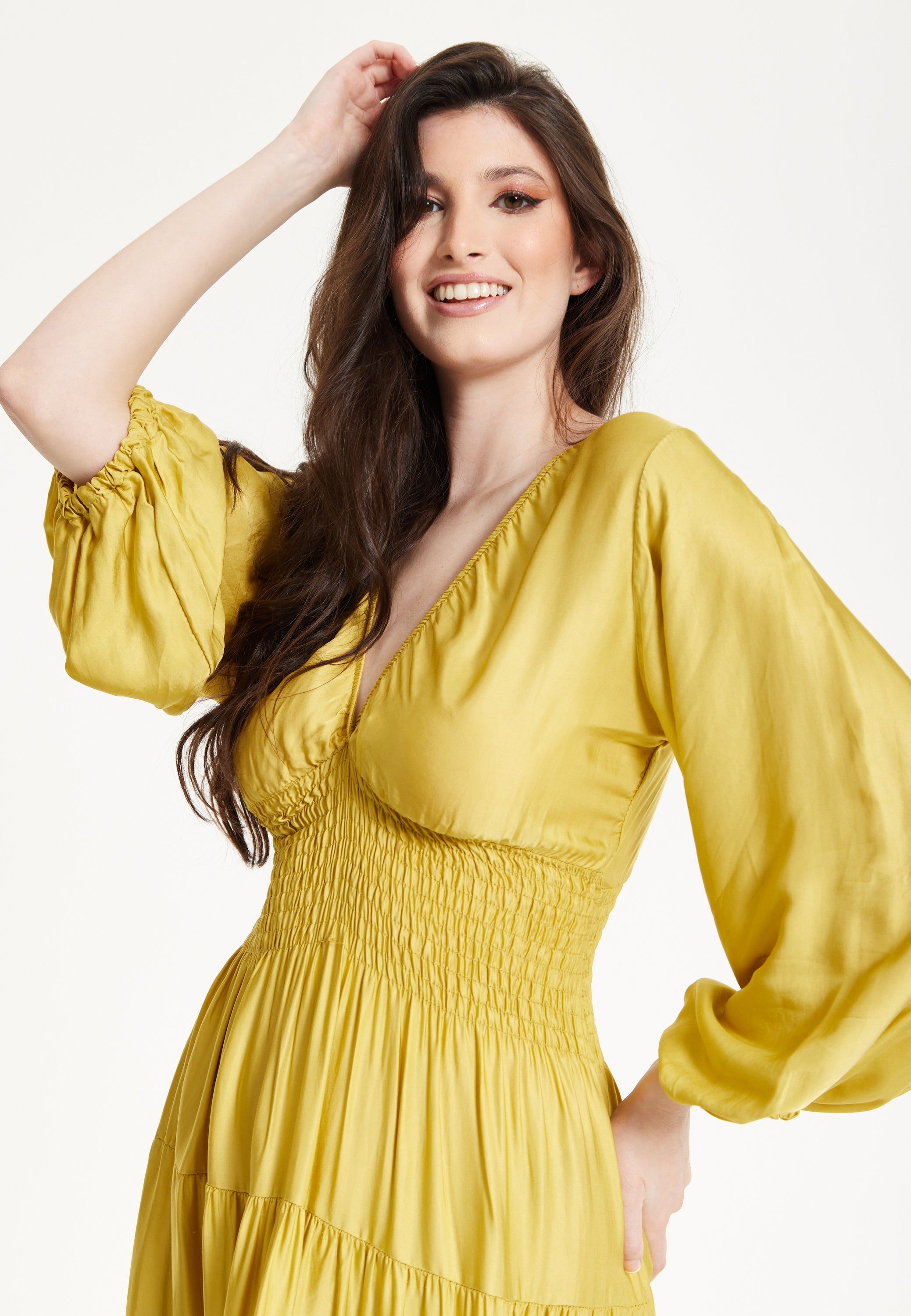 Yellow Smocked Waist Midi Dress