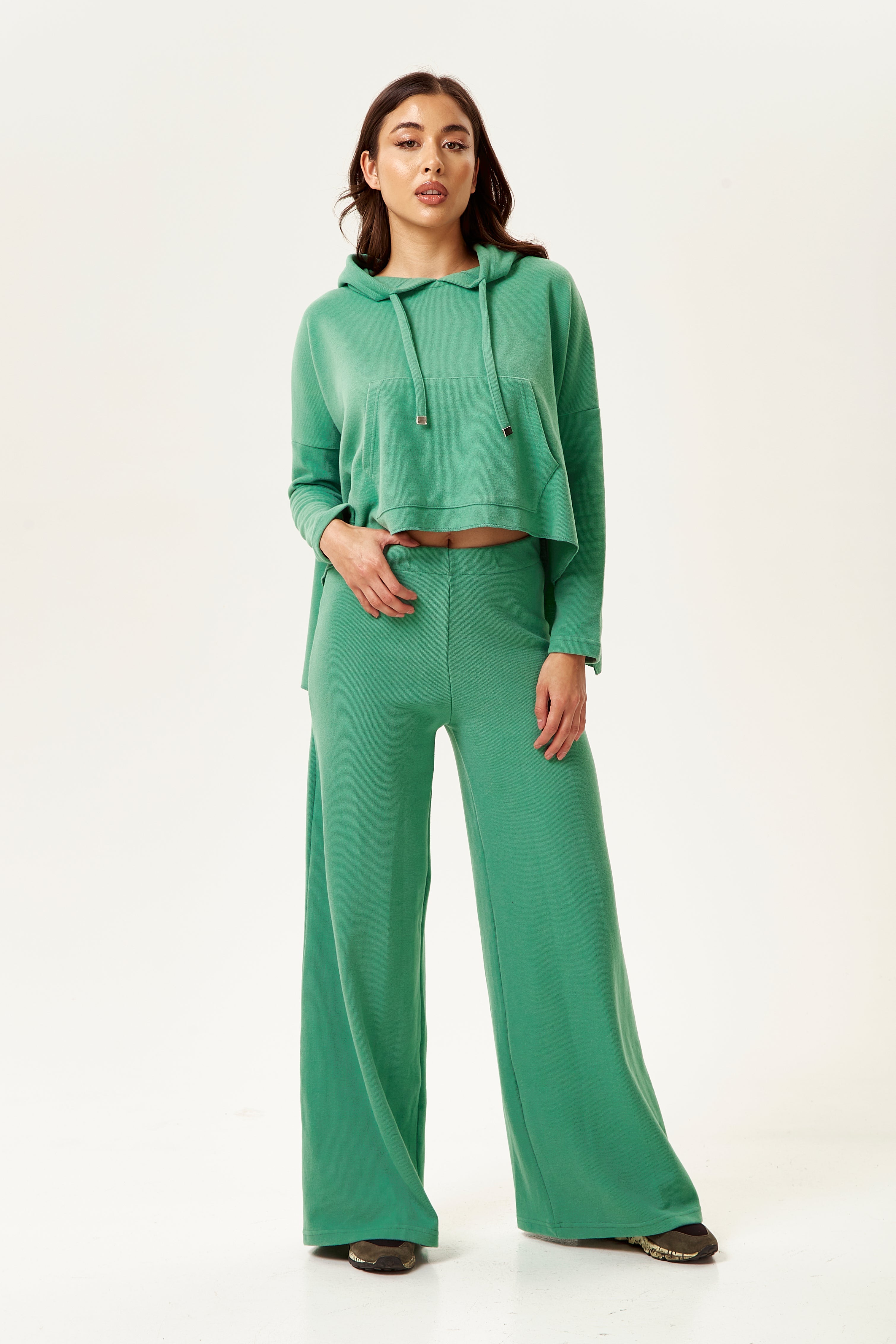 Women's Trousers in Green with High Waisted Wide-Leg Style, Perfect for Casual Days - Liquorish