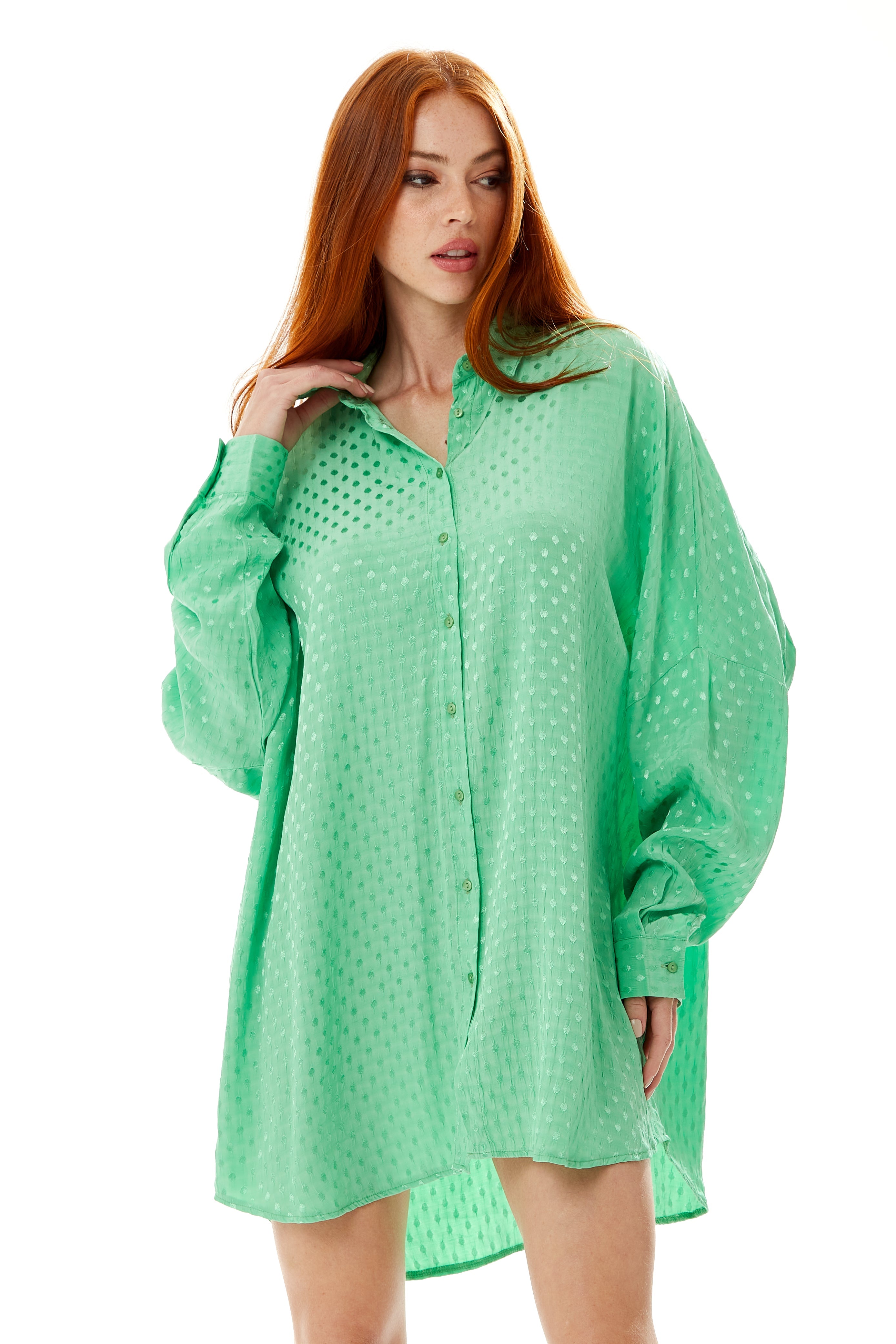 Women's Green Jacquard Long Sleeve Oversized Button-Up Shirt with Collar and Loose Fit for a Chic Look
