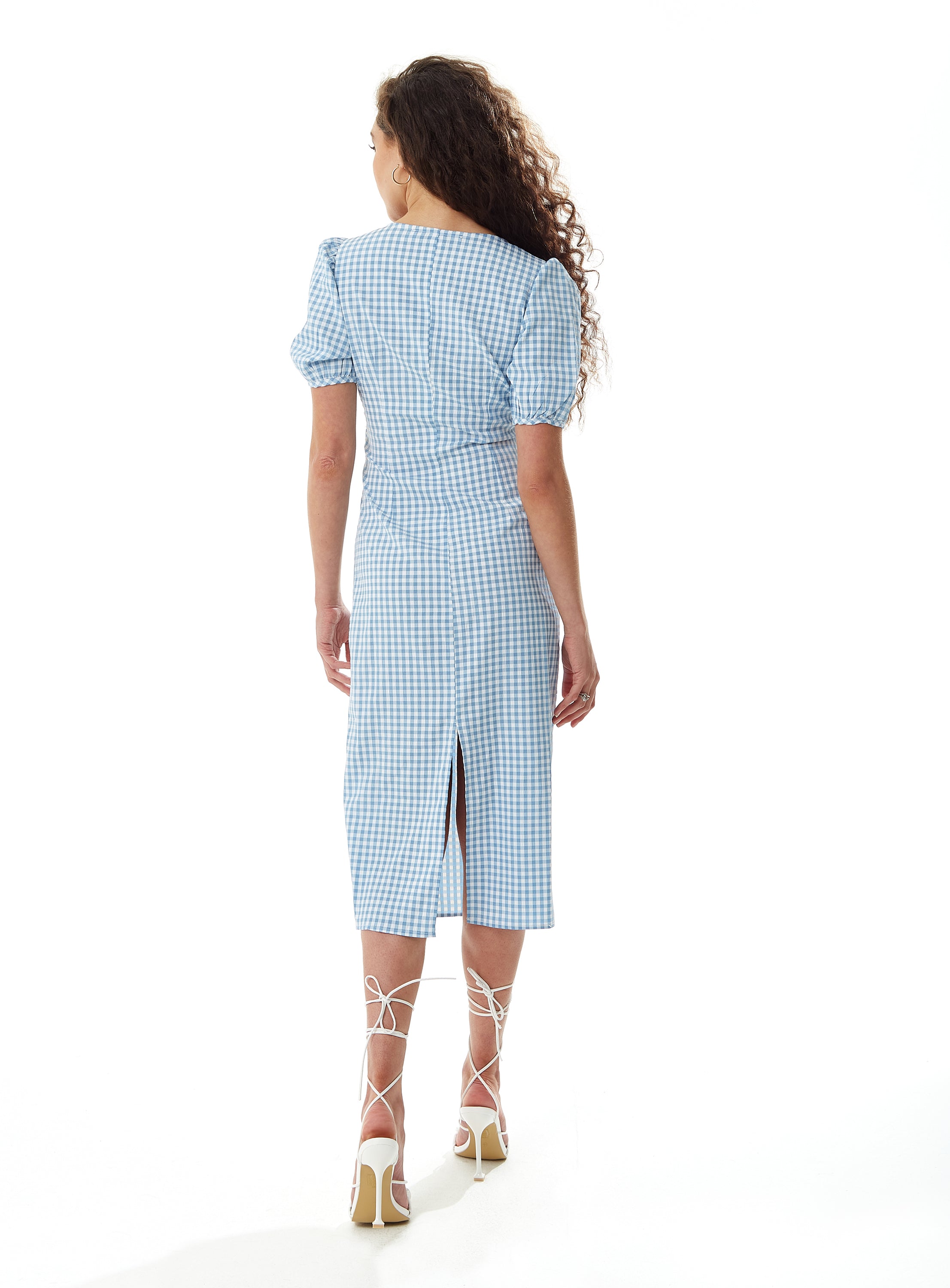 Women's Midi Dress with Short Sleeves and Cut Out Front in Blue and White - Liquorish