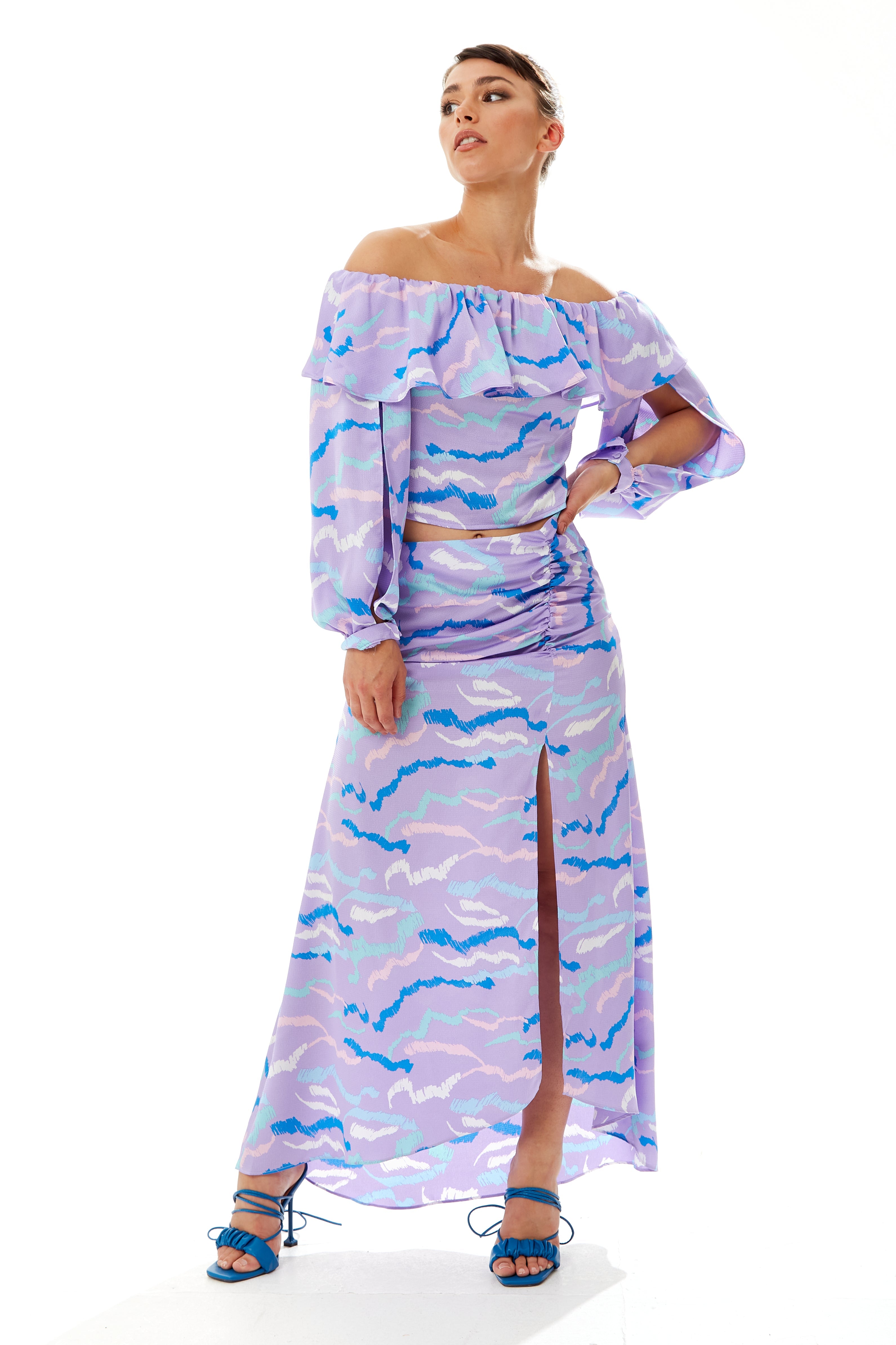 Women's Abstract Print Gathered Front Slit Maxi Skirt - Regular Fit, 100% Polyester, in Stunning Colors - Liquorish