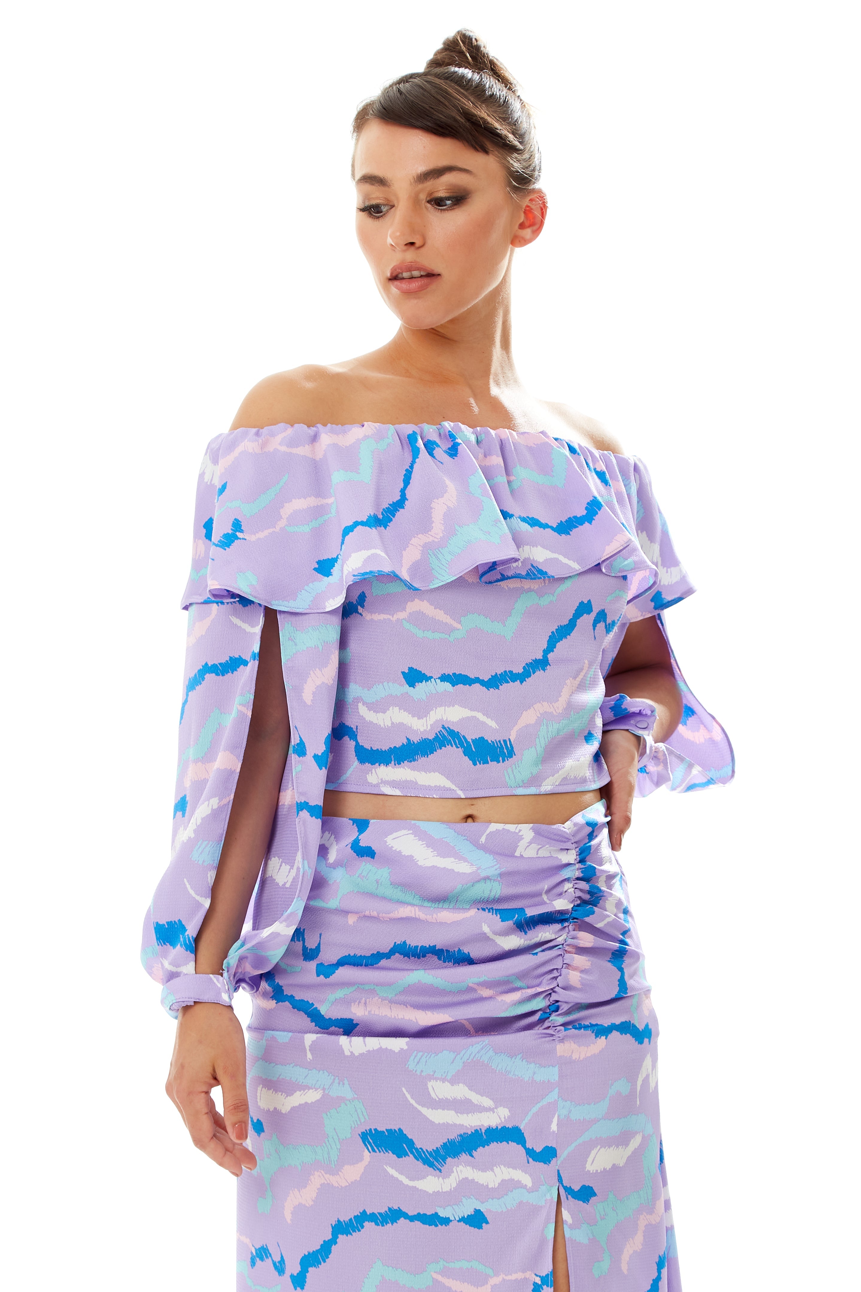 Women's Ruffle Long Sleeve Off The Shoulder Top With Sleeve Slits in Lilac - Abstract Print, Crop Fit