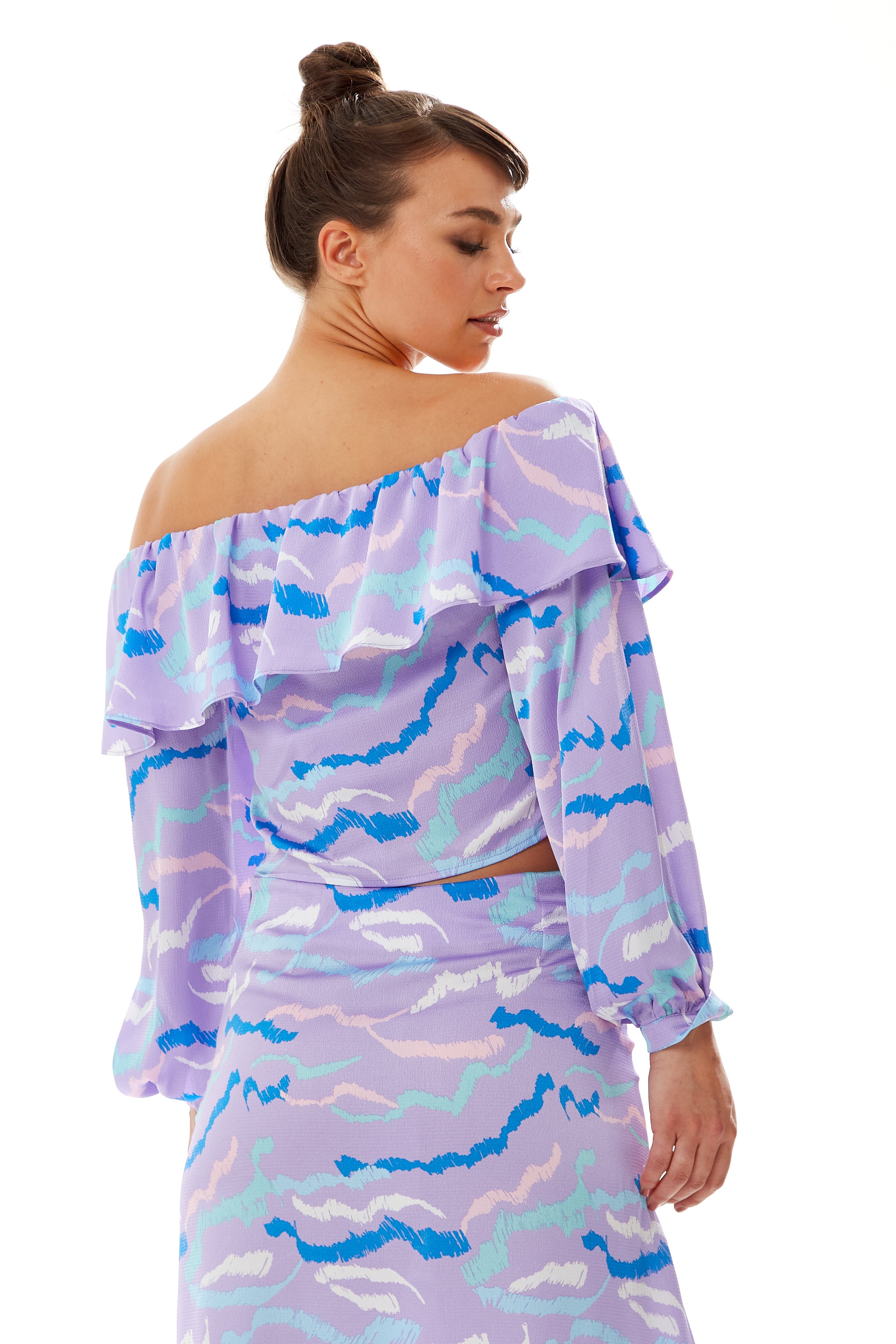 Women's Ruffle Long Sleeve Off The Shoulder Top With Sleeve Slits in Lilac - Abstract Print, Crop Fit