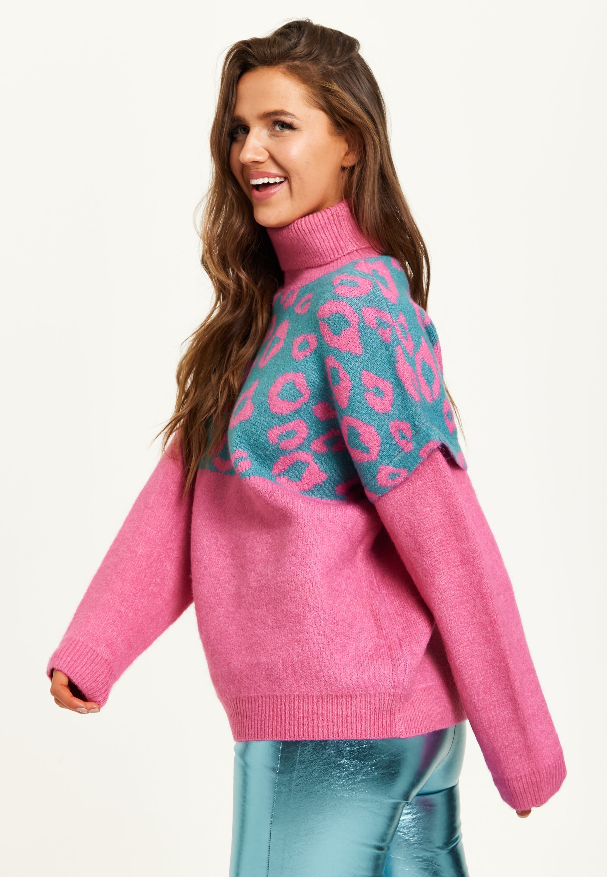 Women's Jumper in Pink and Turquoise with Extended Shoulder Sleeves - Liquorish Animal Pattern Roll Neck Design
