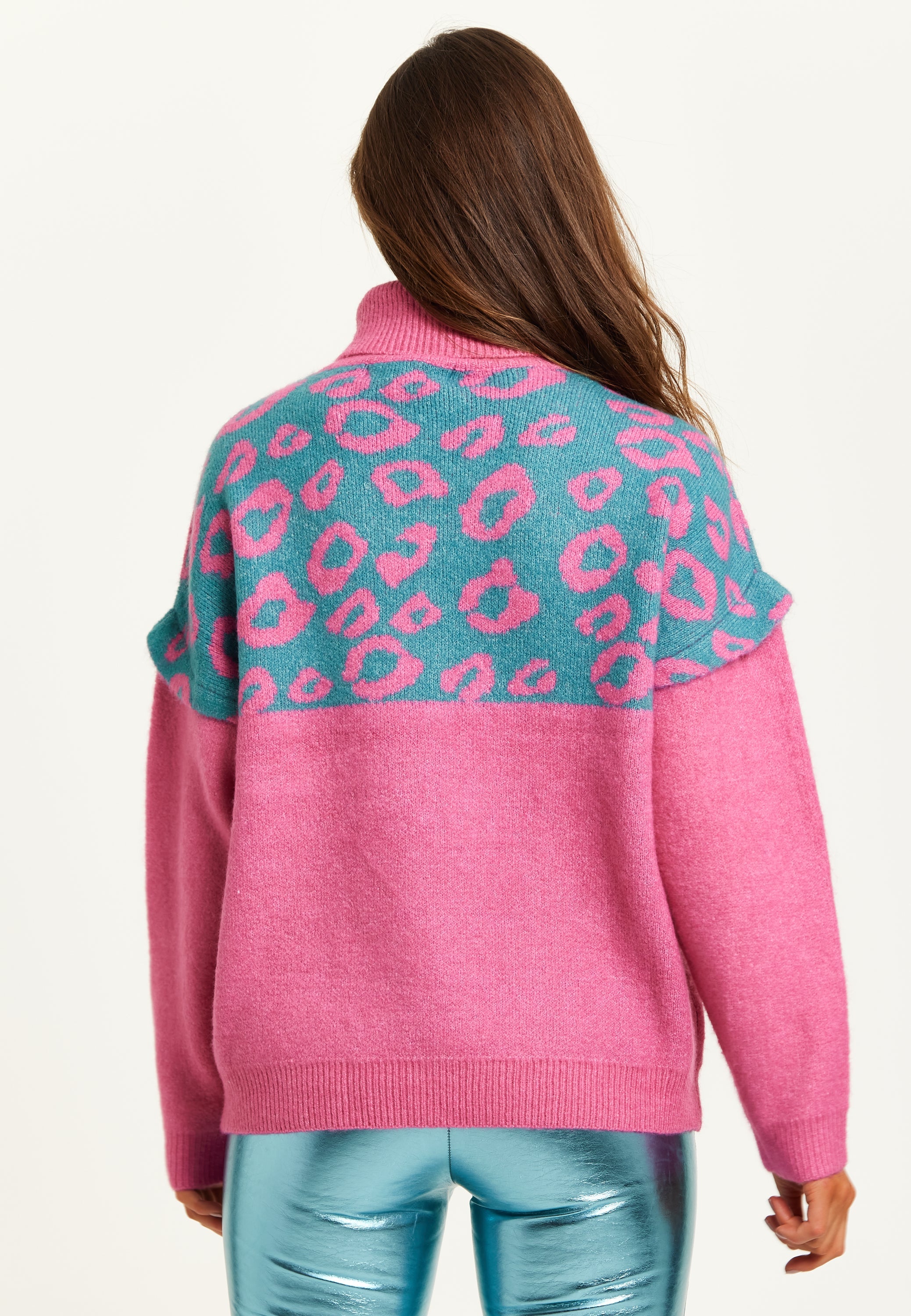 Women's Jumper in Pink and Turquoise with Extended Shoulder Sleeves - Liquorish Animal Pattern Roll Neck Design