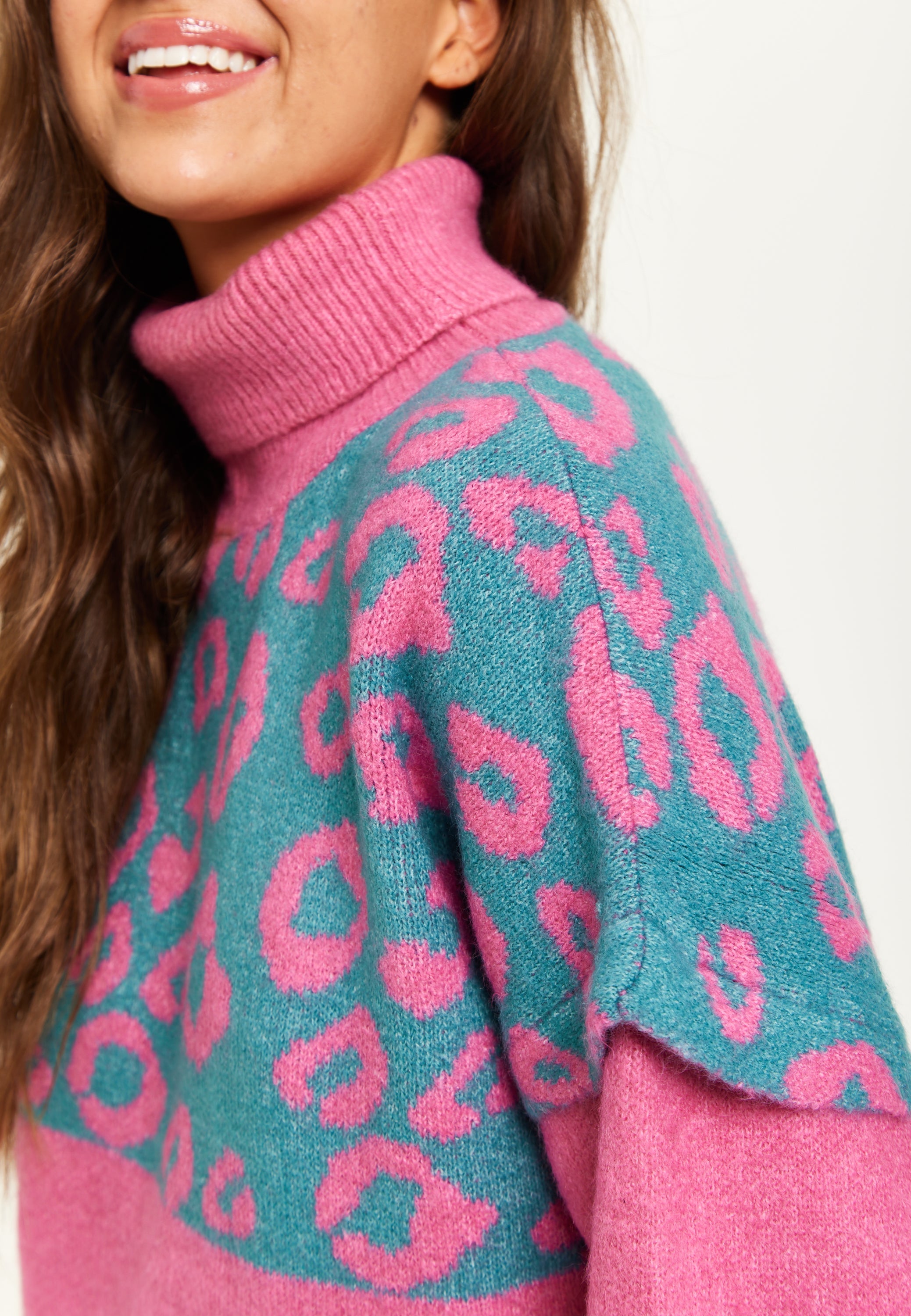 Women's Jumper in Pink and Turquoise with Extended Shoulder Sleeves - Liquorish Animal Pattern Roll Neck Design