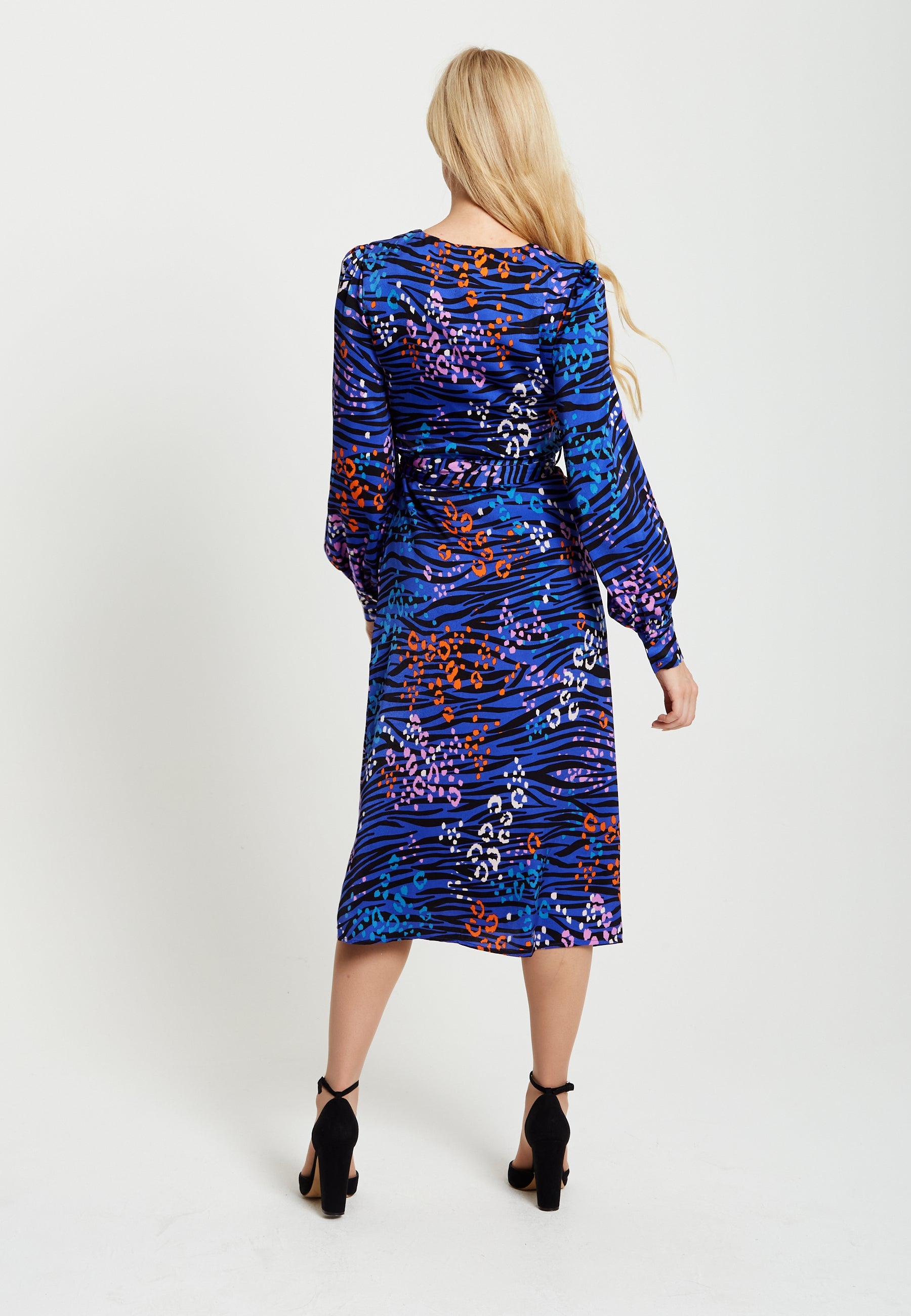 Women's Midi Dress in Electric Blue with Long Balloon Sleeves - Vivid Zebra Print by Liquorish