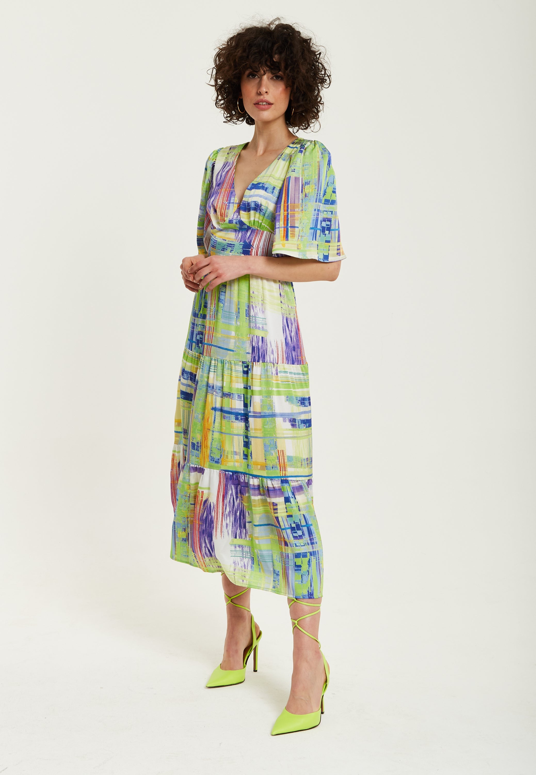 Women's Midi Dress in Green with Short Kimono Sleeves and V Neck - Abstract Print by Liquorish