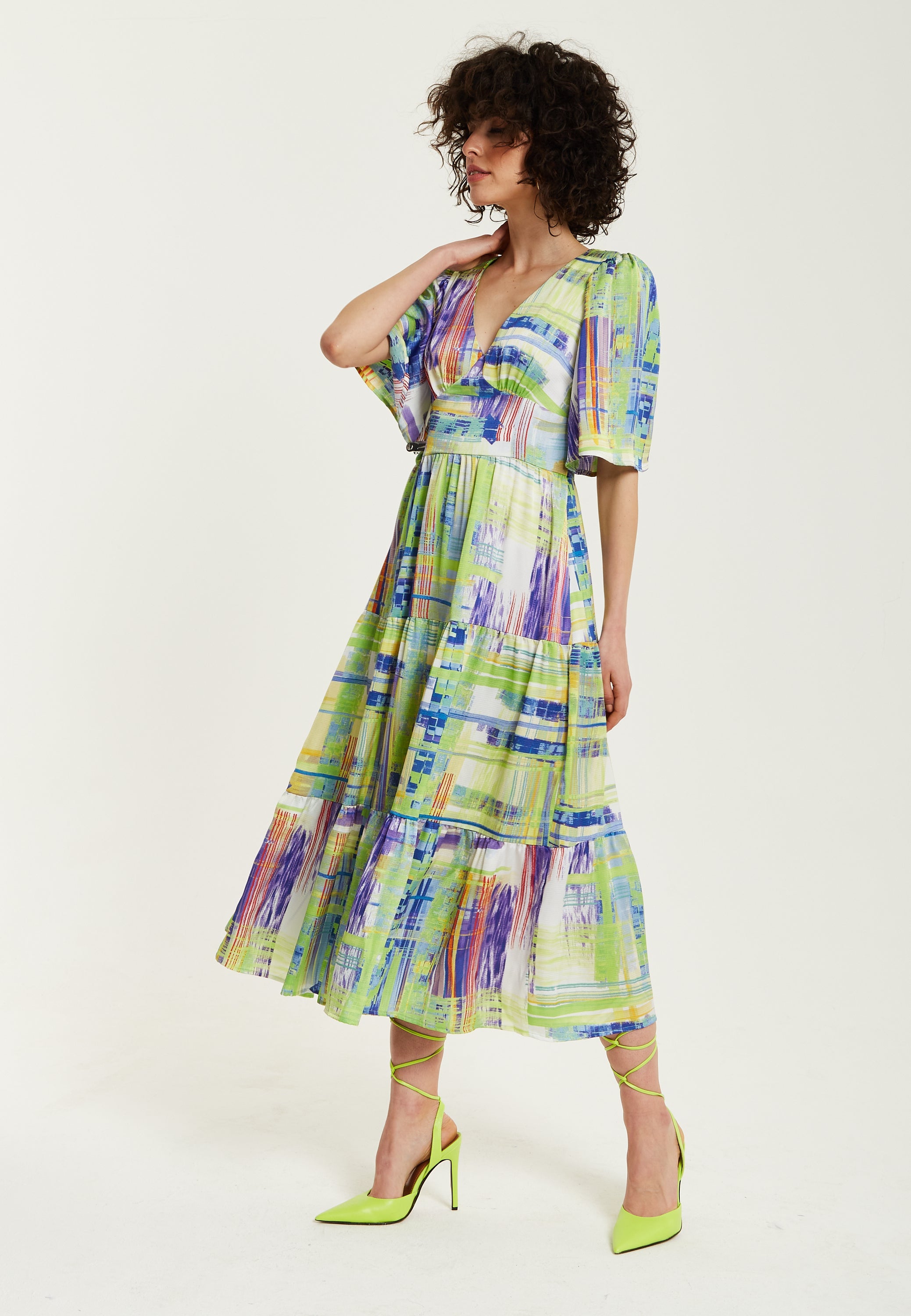 Women's Midi Dress in Green with Short Kimono Sleeves and V Neck - Abstract Print by Liquorish