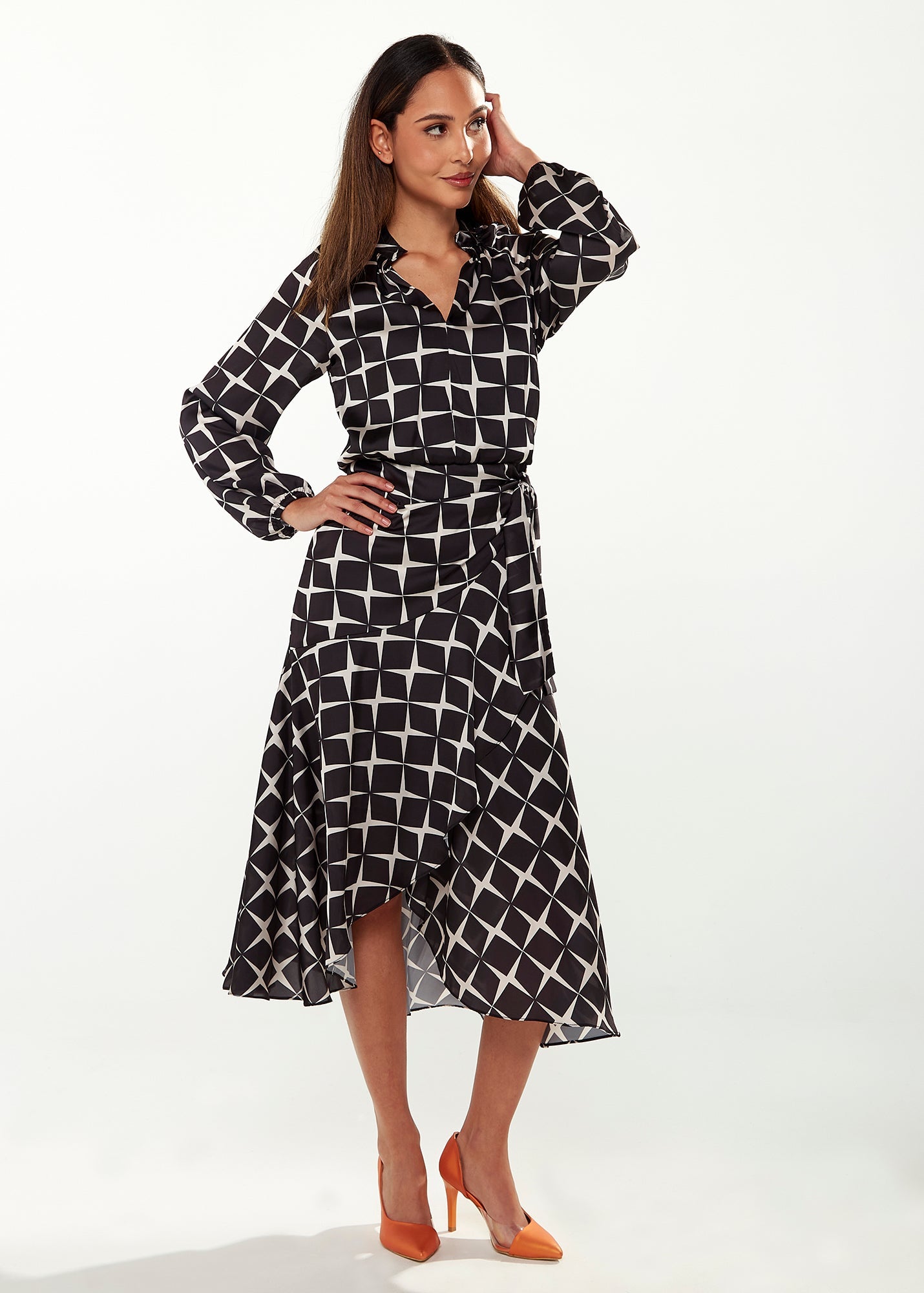 Women’s Midi Wrap Dress in Black & White with Full Length Balloon Sleeves - Liquorish