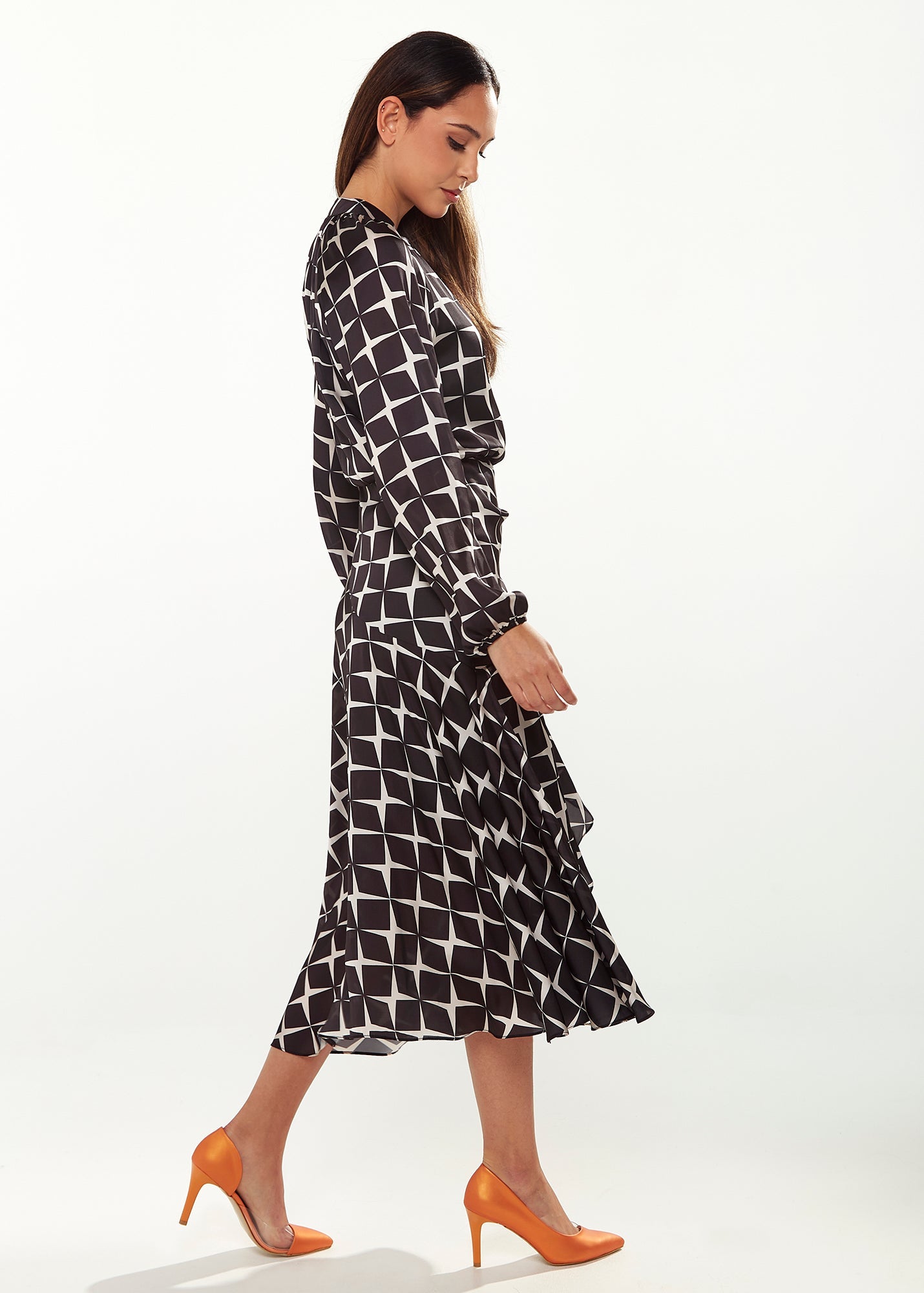 Women’s Midi Wrap Dress in Black & White with Full Length Balloon Sleeves - Liquorish