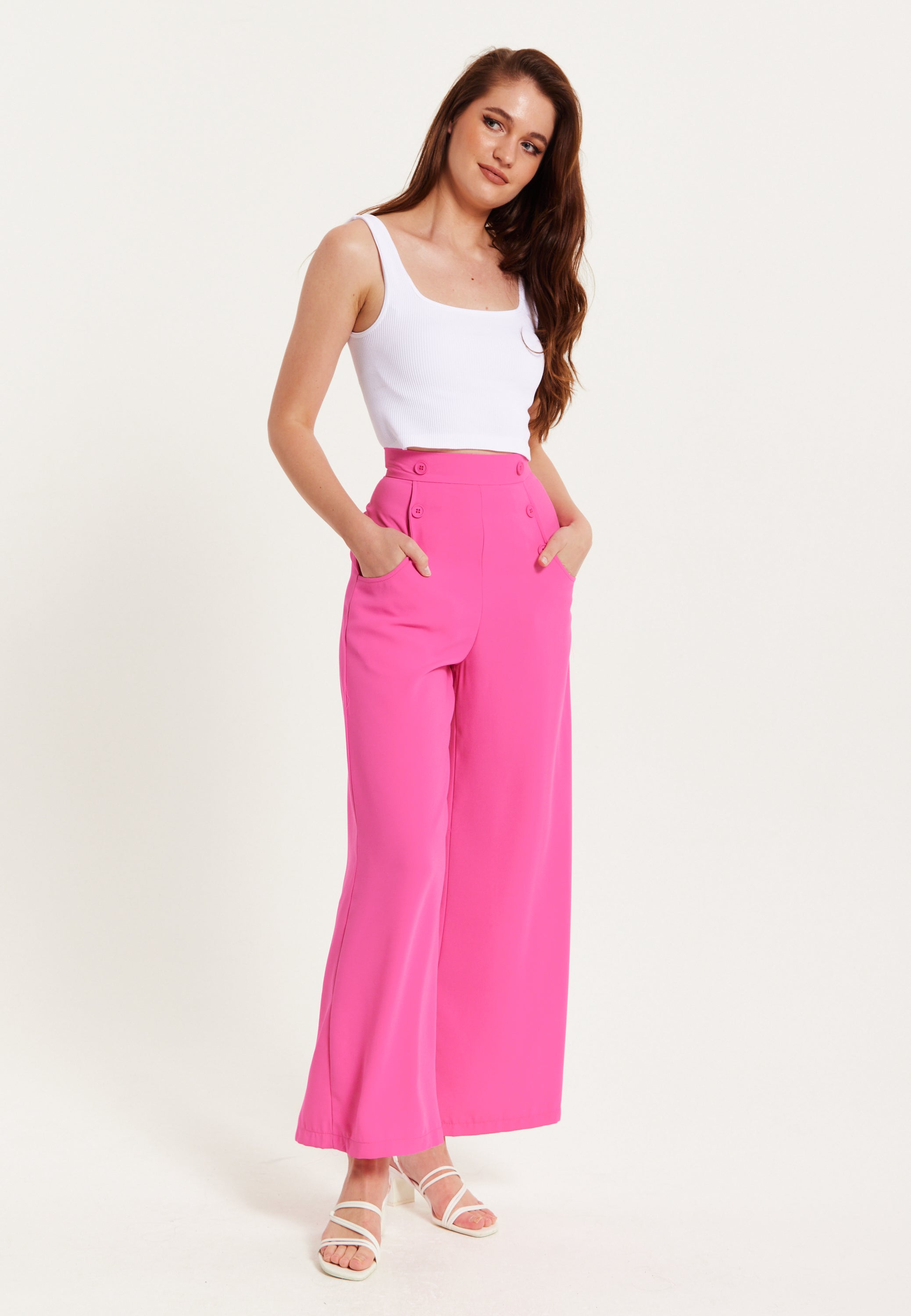 Women's Trousers - High Waist Pink Wide Leg with Front Buttons & Pockets, Zip-Side Fastening, Liquorish