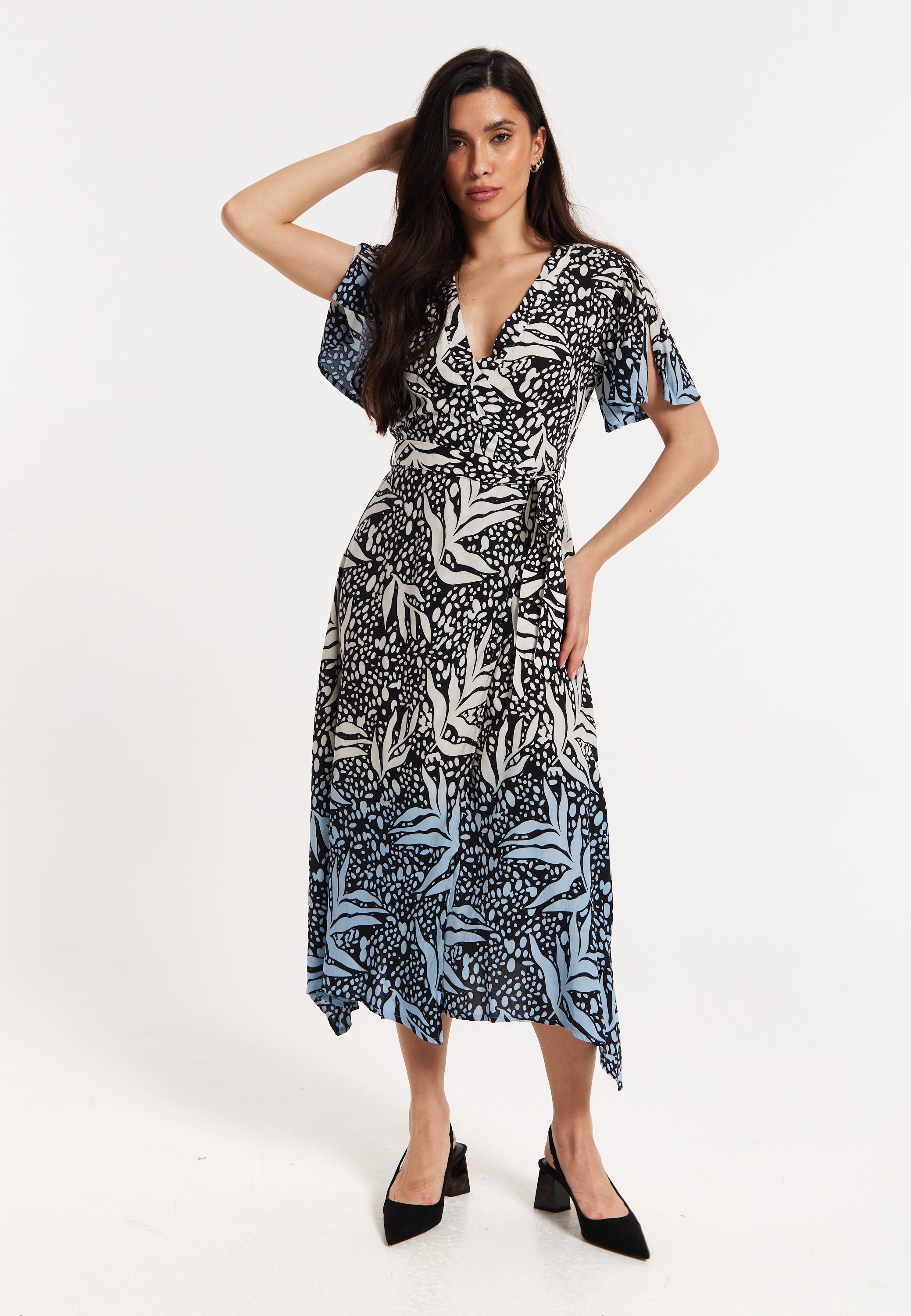 Printed Blue Dip Dye Wrap Midaxi Dress