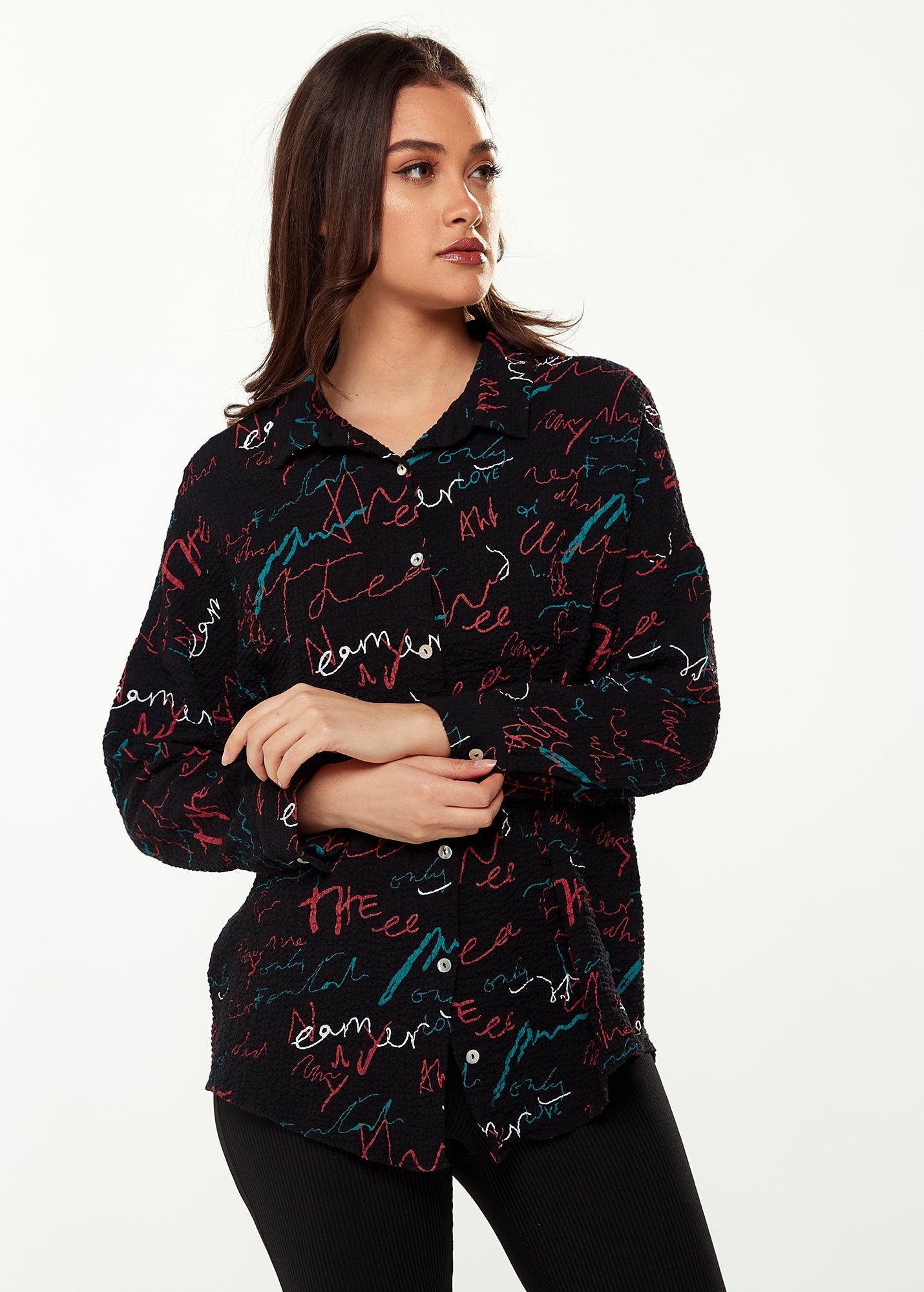Women's Shirt with Multicolour Signature Pattern in Black - Long Sleeves, Classic Collar, Button-Up Style, Regular Fit