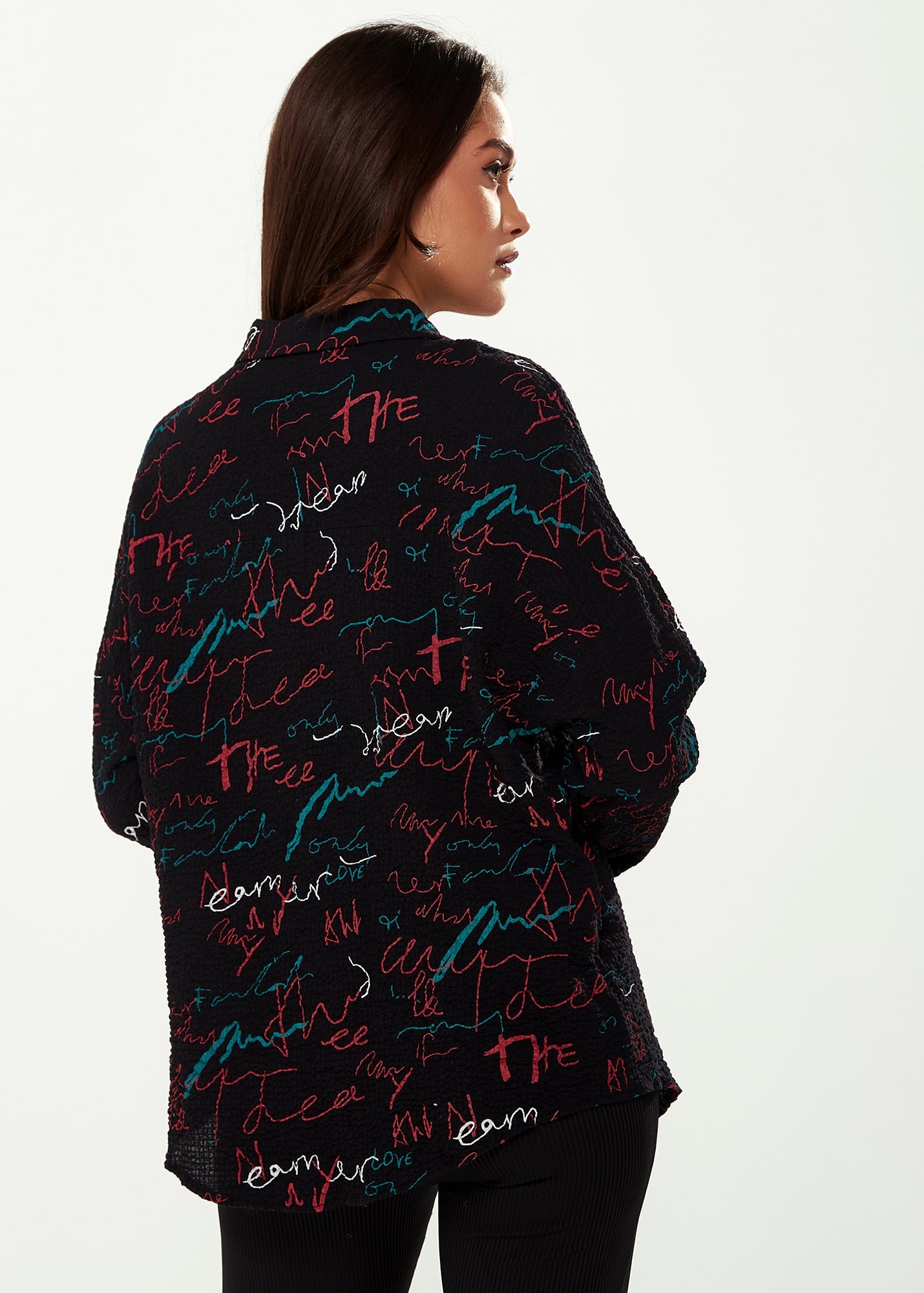 Women's Shirt with Multicolour Signature Pattern in Black - Long Sleeves, Classic Collar, Button-Up Style, Regular Fit