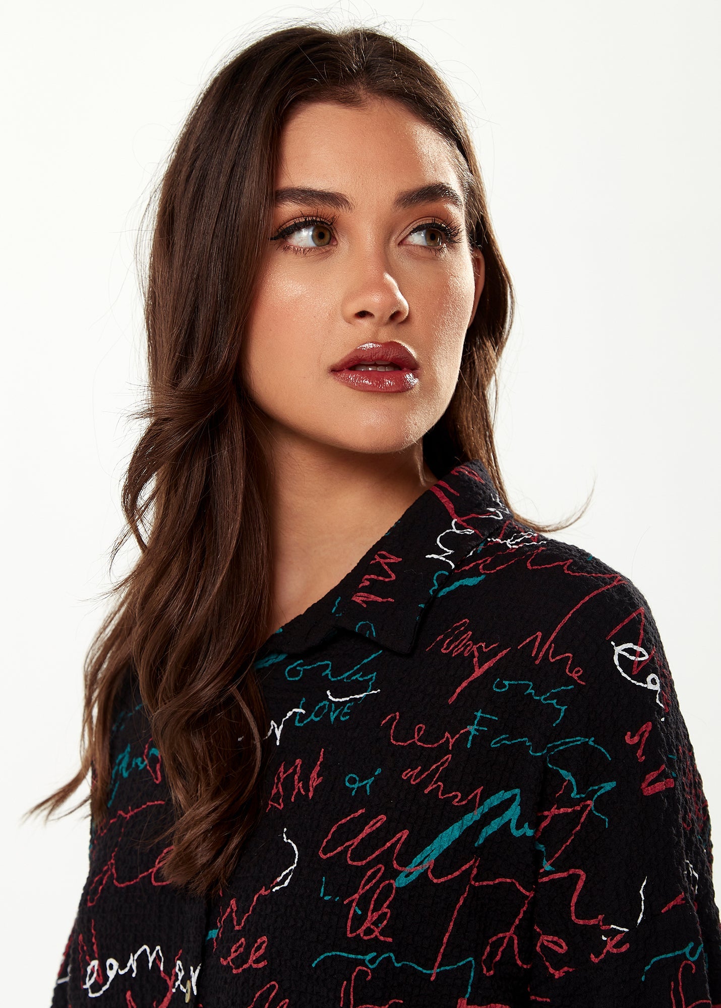 Women's Shirt with Multicolour Signature Pattern in Black - Long Sleeves, Classic Collar, Button-Up Style, Regular Fit