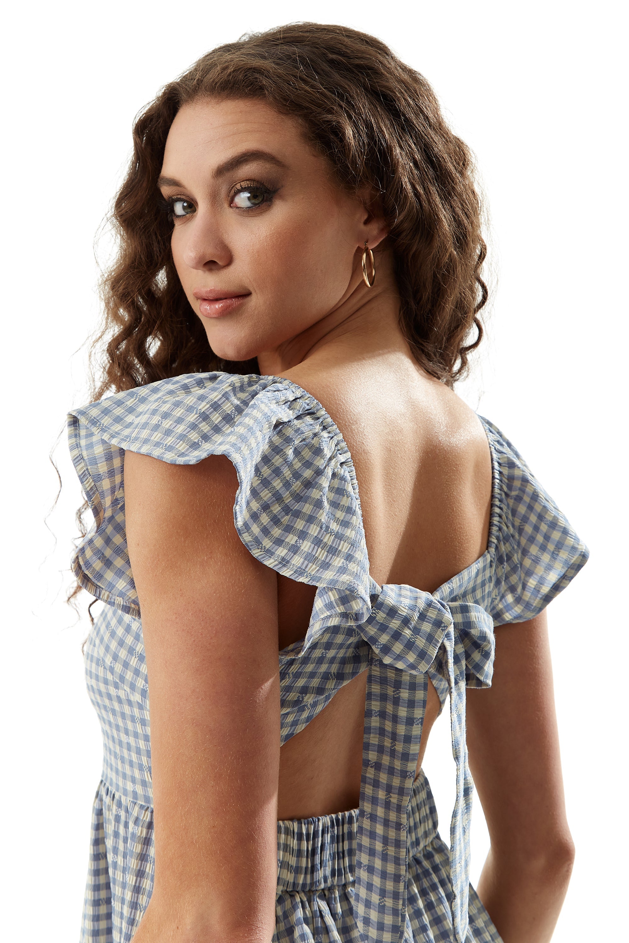 Women's Midi Dress with Frill Sleeves in Blue and Cream Gingham - Cut Out Back and Tie Detail by Liquorish