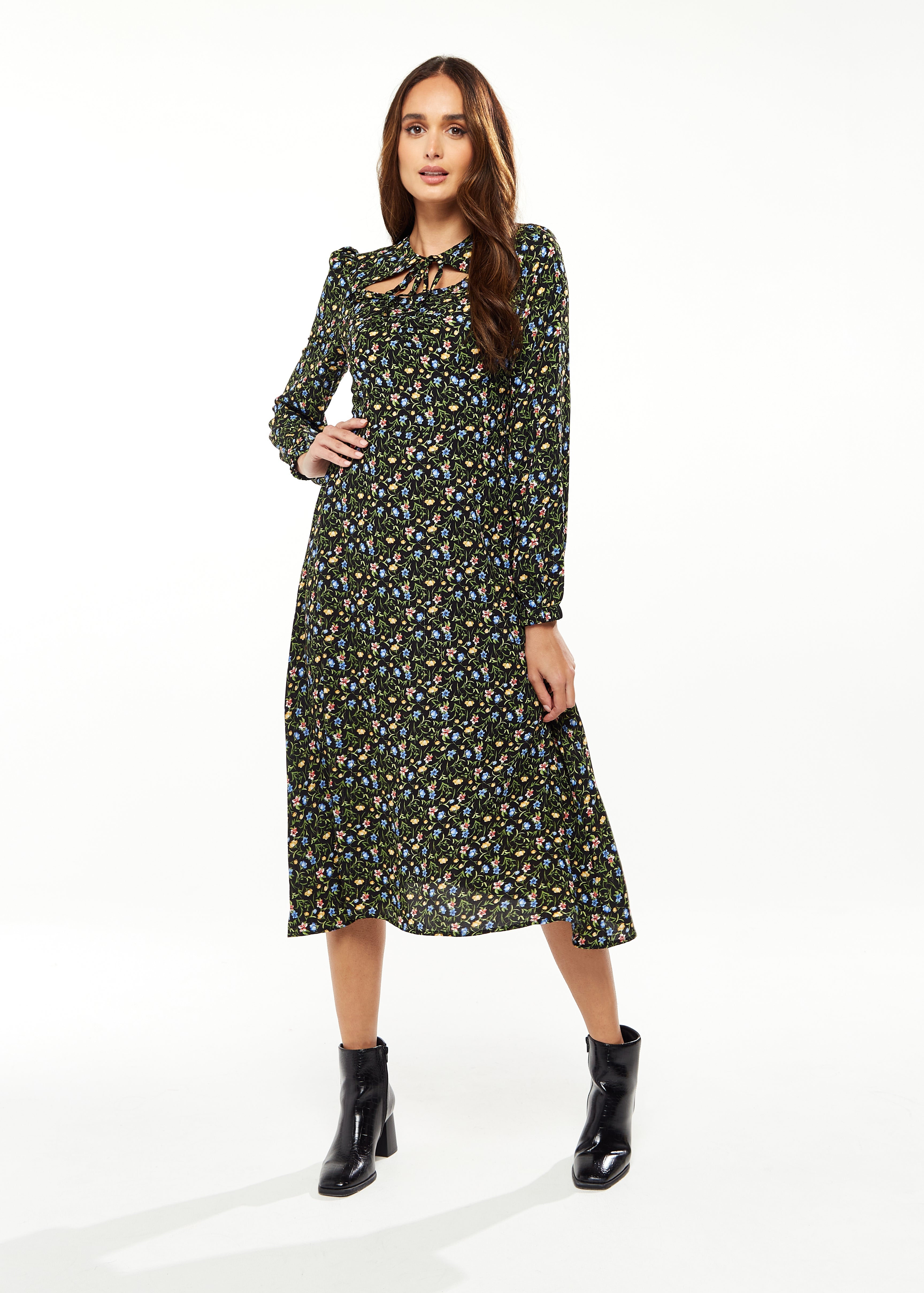 Women's Midi Dress in Green Floral with Long Puffy Sleeves and Neck Tie Detail - Liquorish
