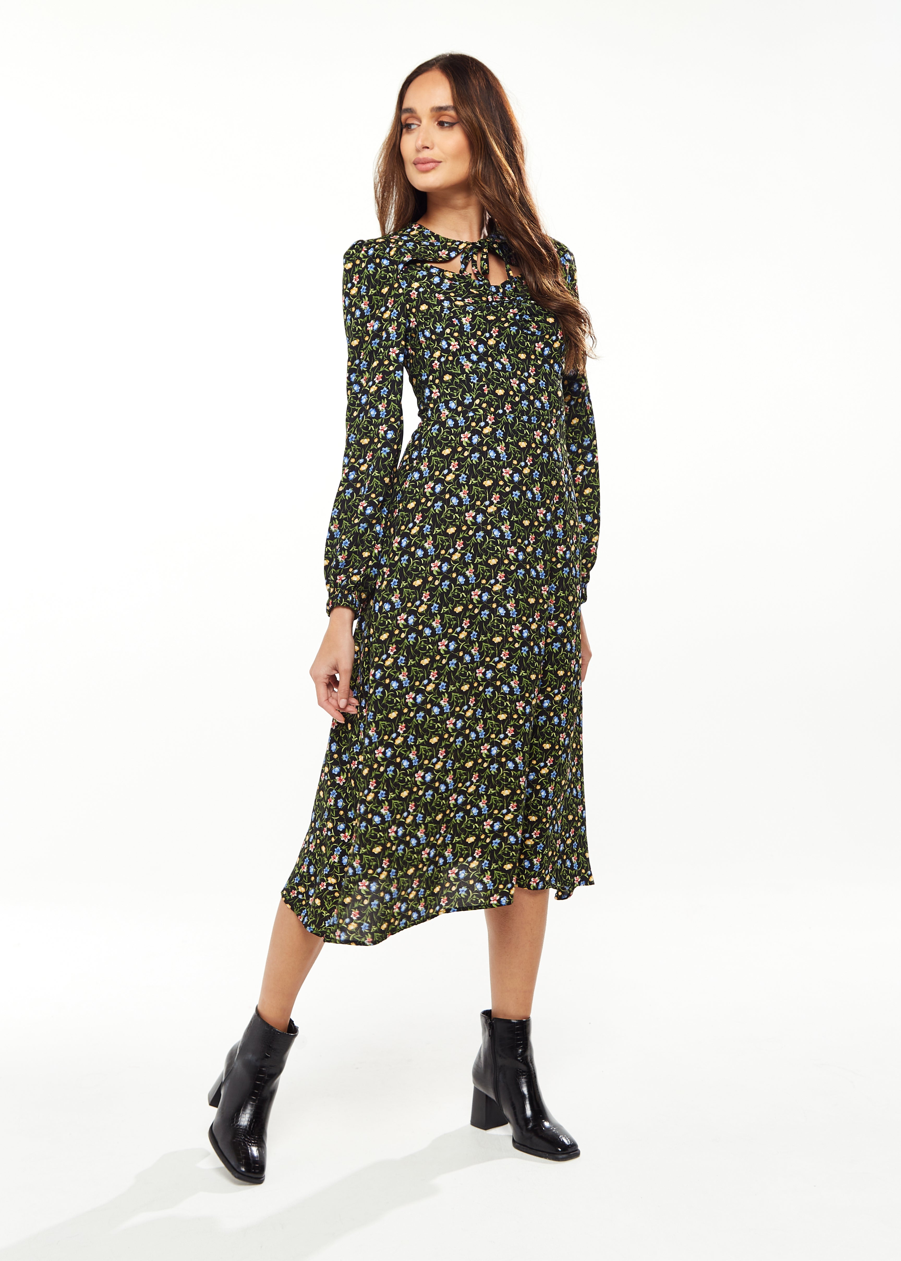Women's Midi Dress in Green Floral with Long Puffy Sleeves and Neck Tie Detail - Liquorish