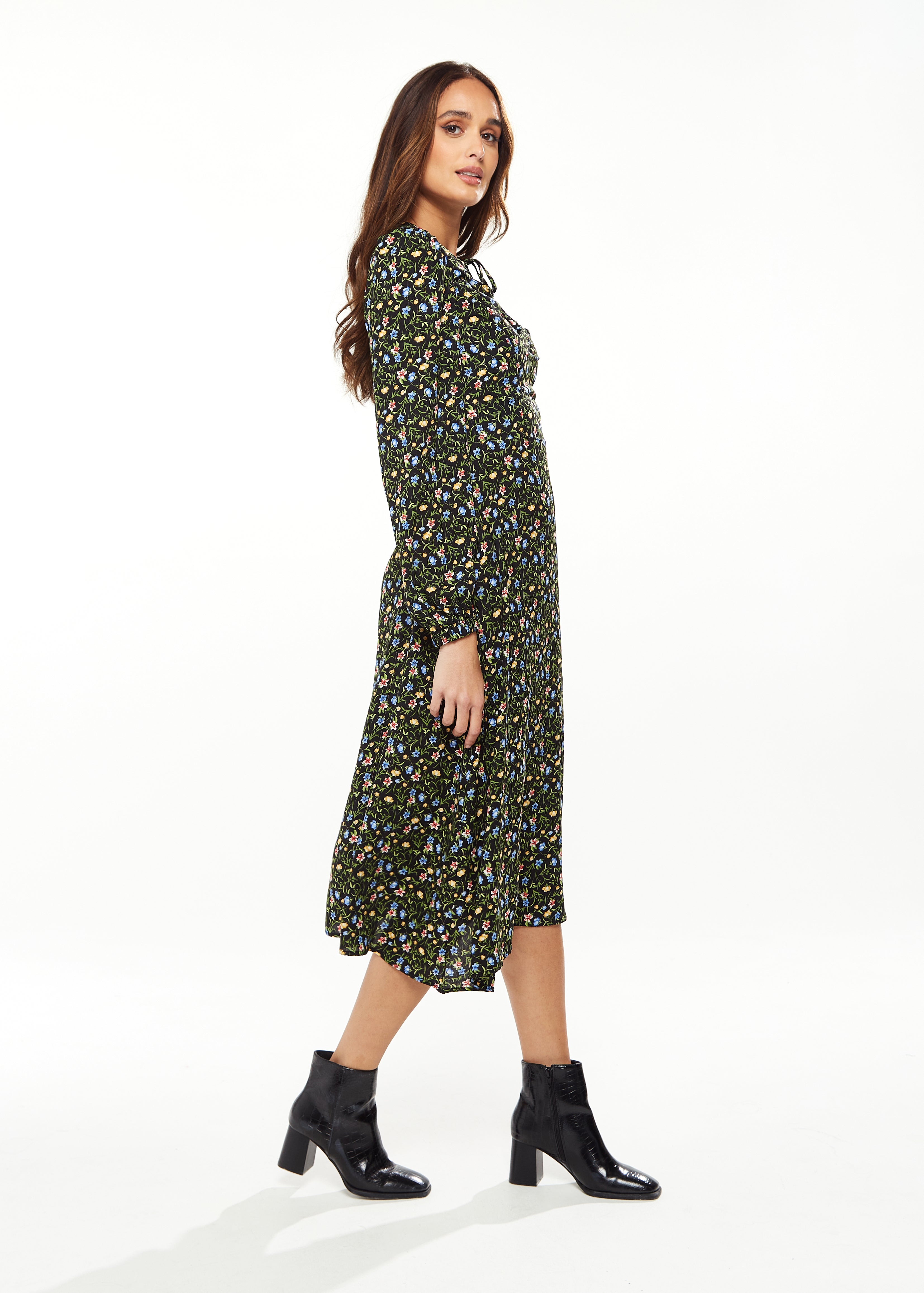 Women's Midi Dress in Green Floral with Long Puffy Sleeves and Neck Tie Detail - Liquorish