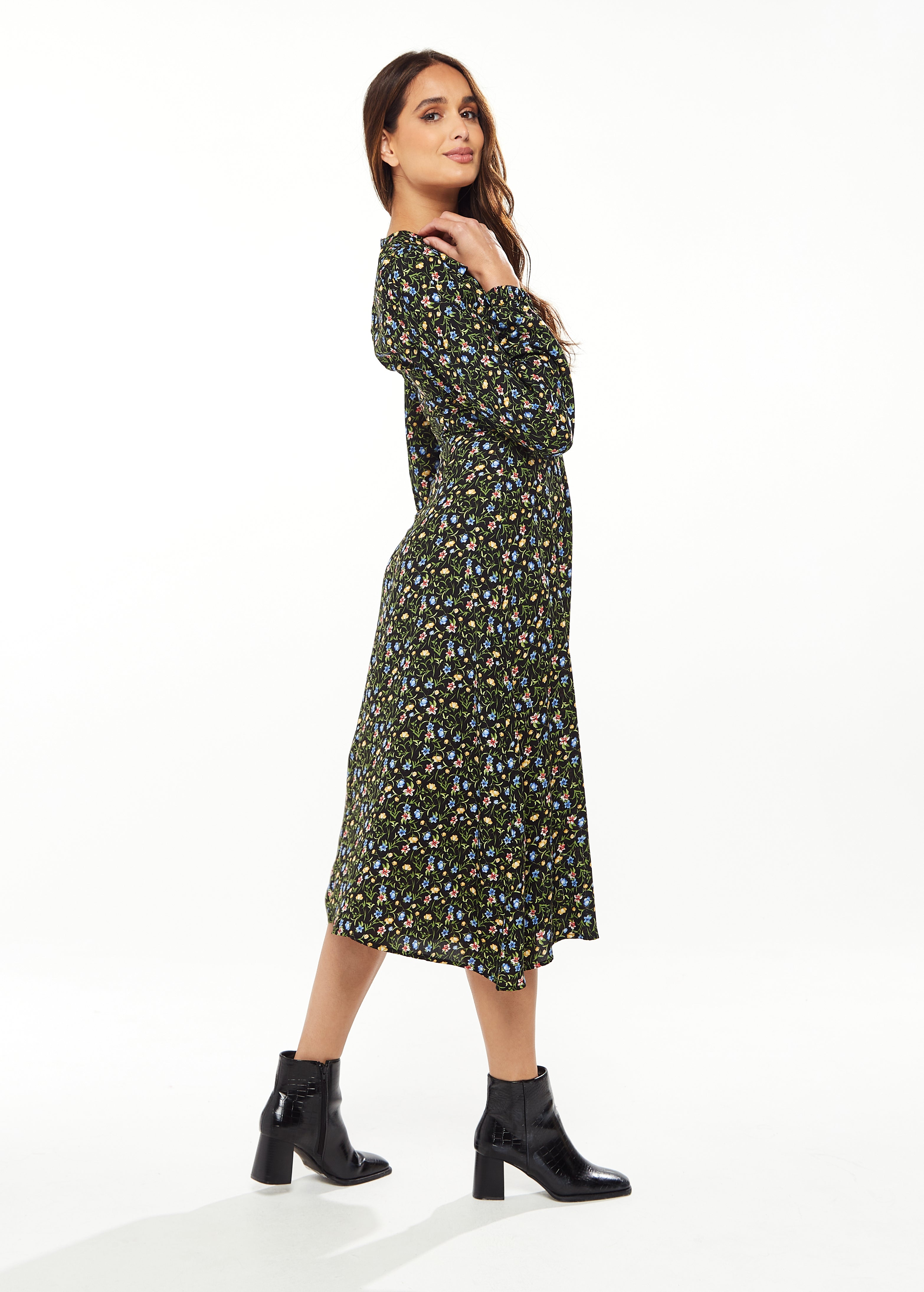 Women's Midi Dress in Green Floral with Long Puffy Sleeves and Neck Tie Detail - Liquorish