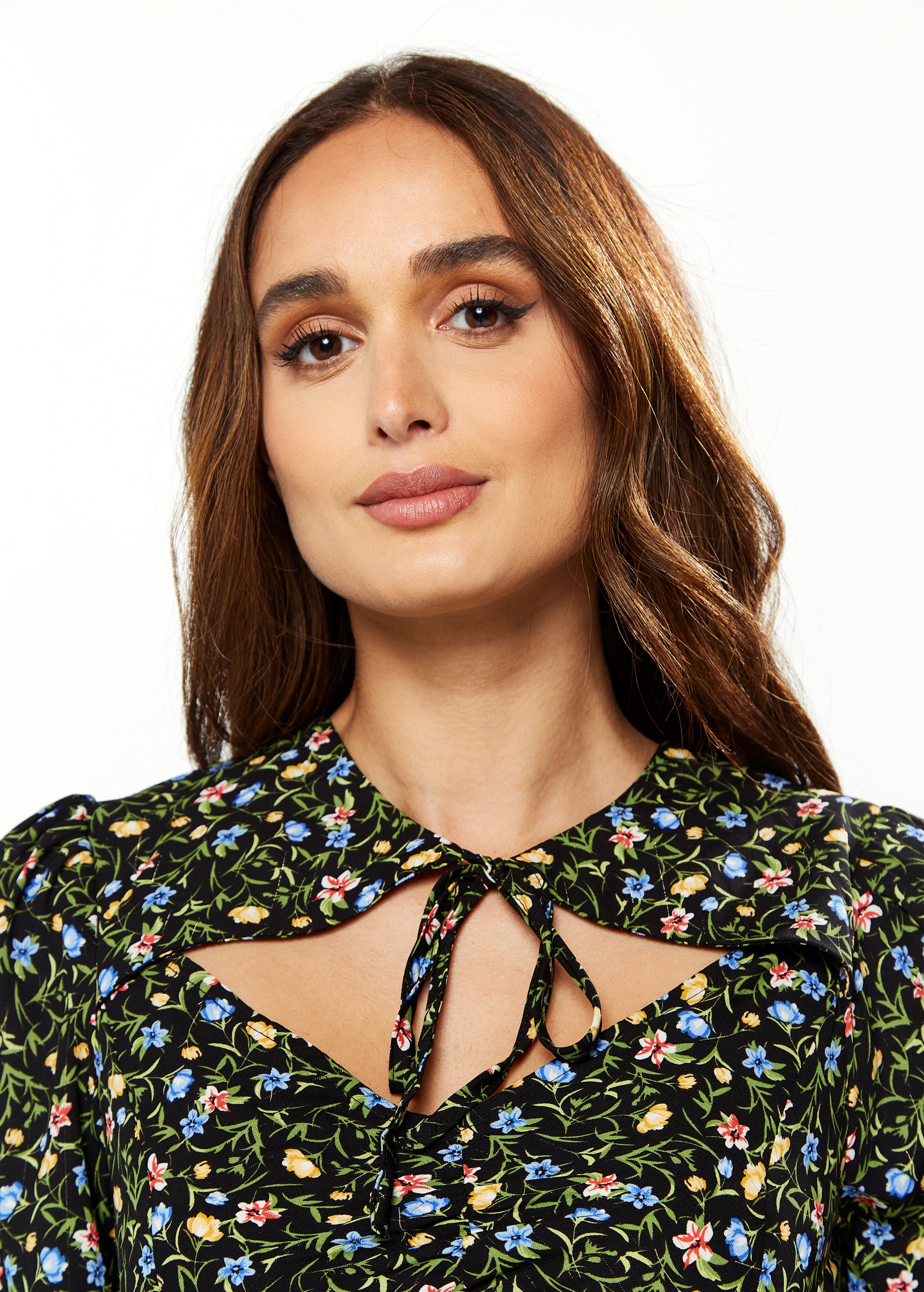 Women's Midi Dress in Green Floral with Long Puffy Sleeves and Neck Tie Detail - Liquorish