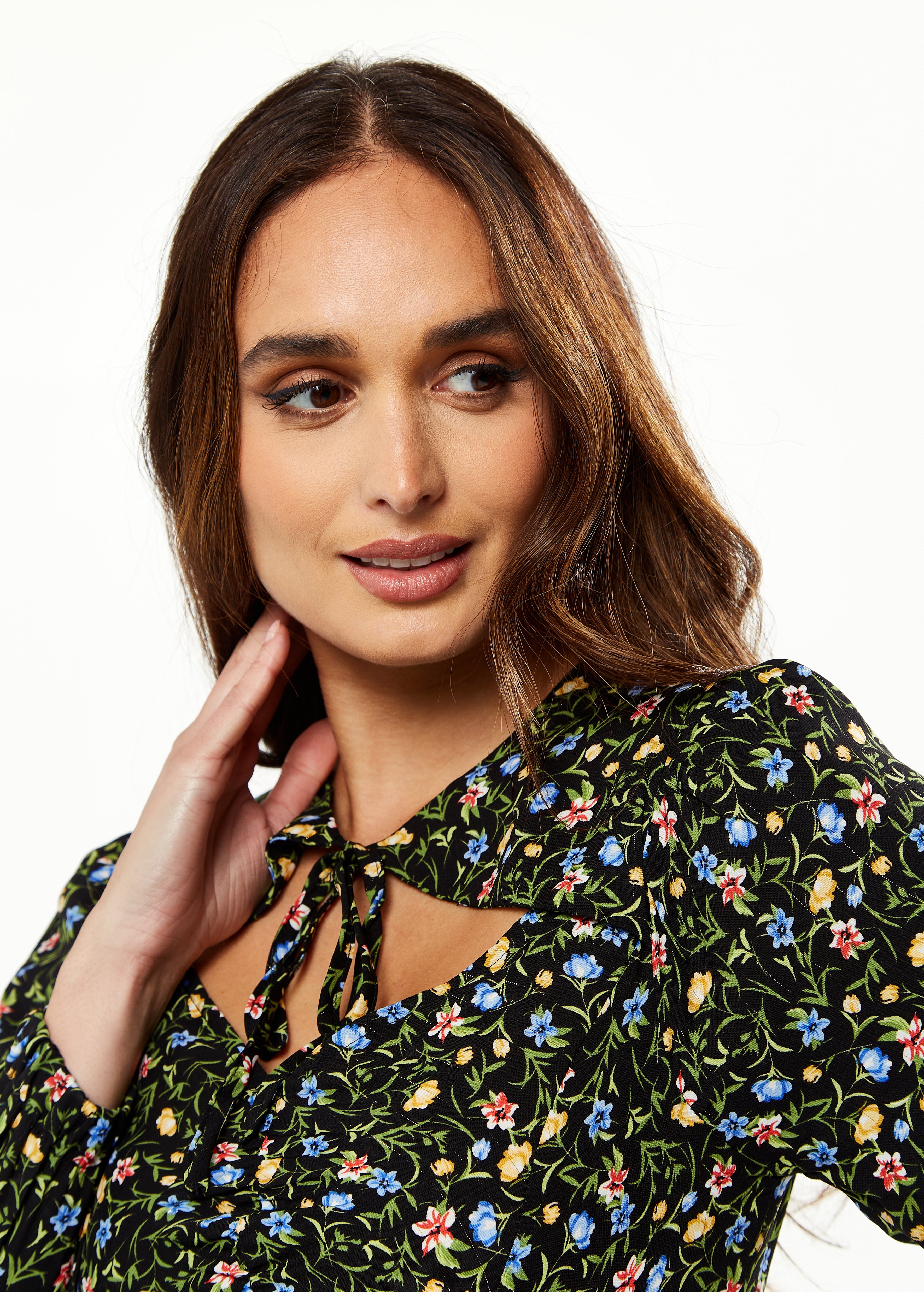 Women's Midi Dress in Green Floral with Long Puffy Sleeves and Neck Tie Detail - Liquorish