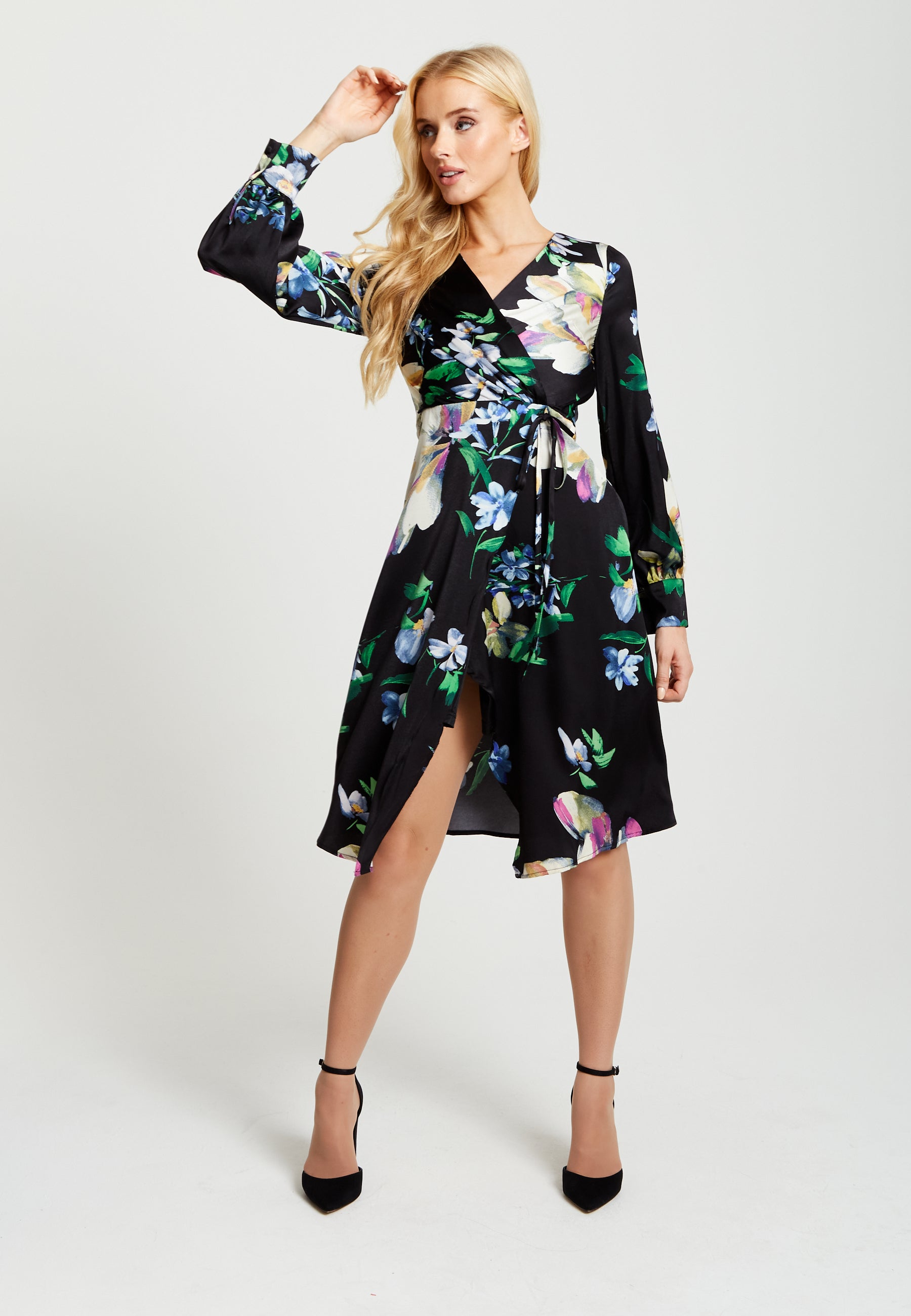 Women's Midi Wrap Dress in Black with Long Balloon Sleeves Featuring Floral Print by Liquorish