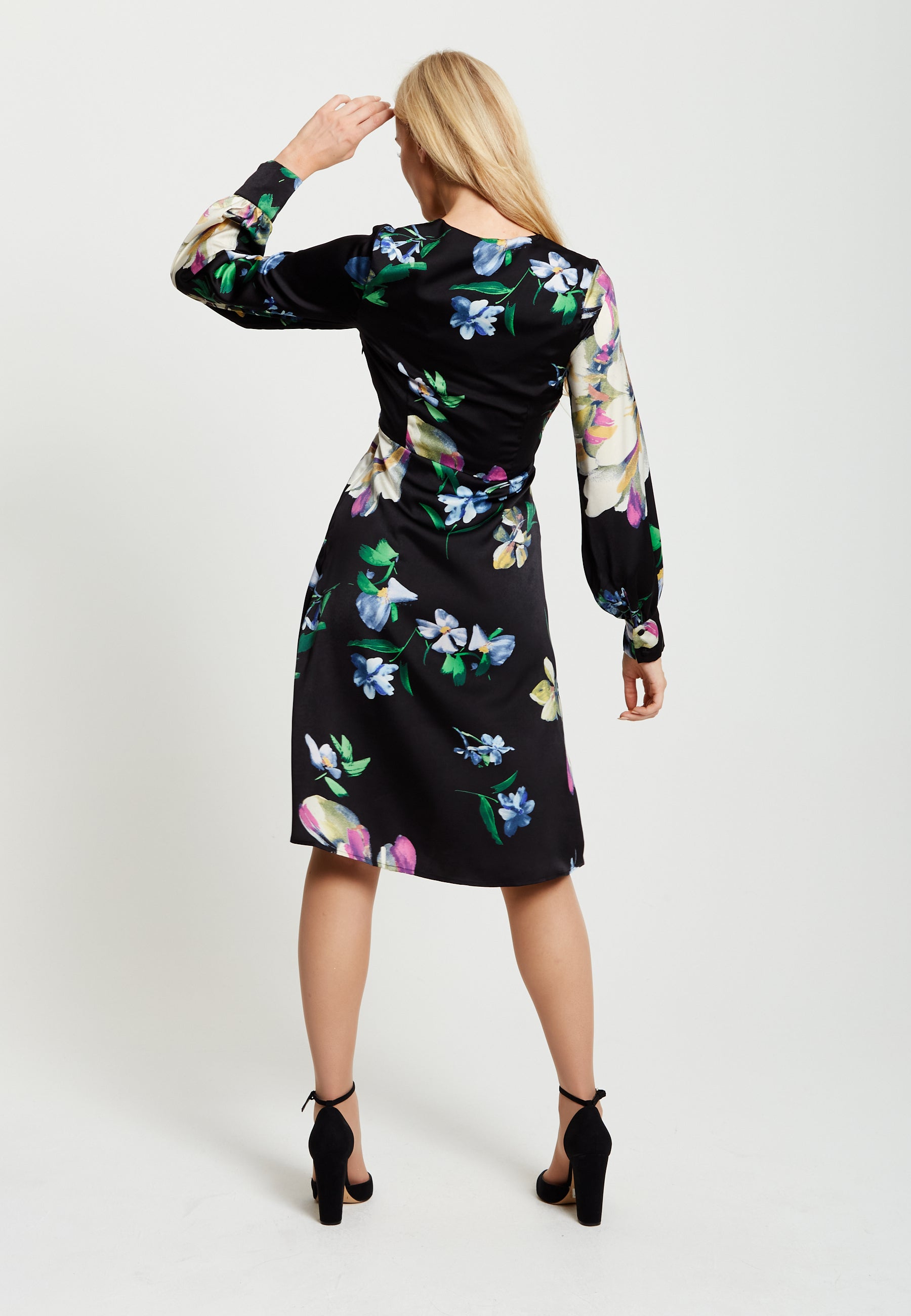 Women's Midi Wrap Dress in Black with Long Balloon Sleeves Featuring Floral Print by Liquorish
