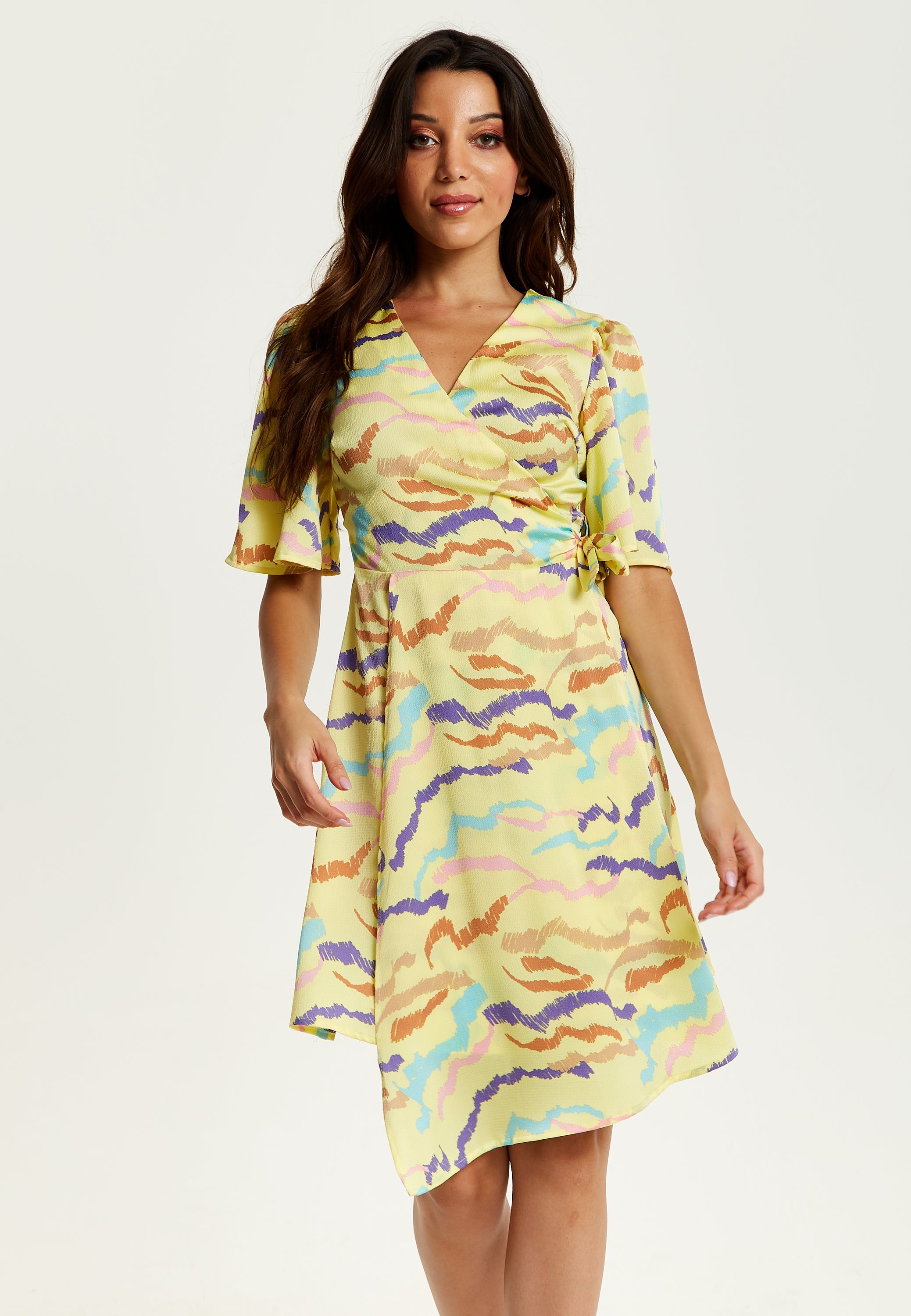 Women's Midi Wrap Dress in Yellow with Kimono Sleeves and Abstract Print - Stylish Design by Liquorish