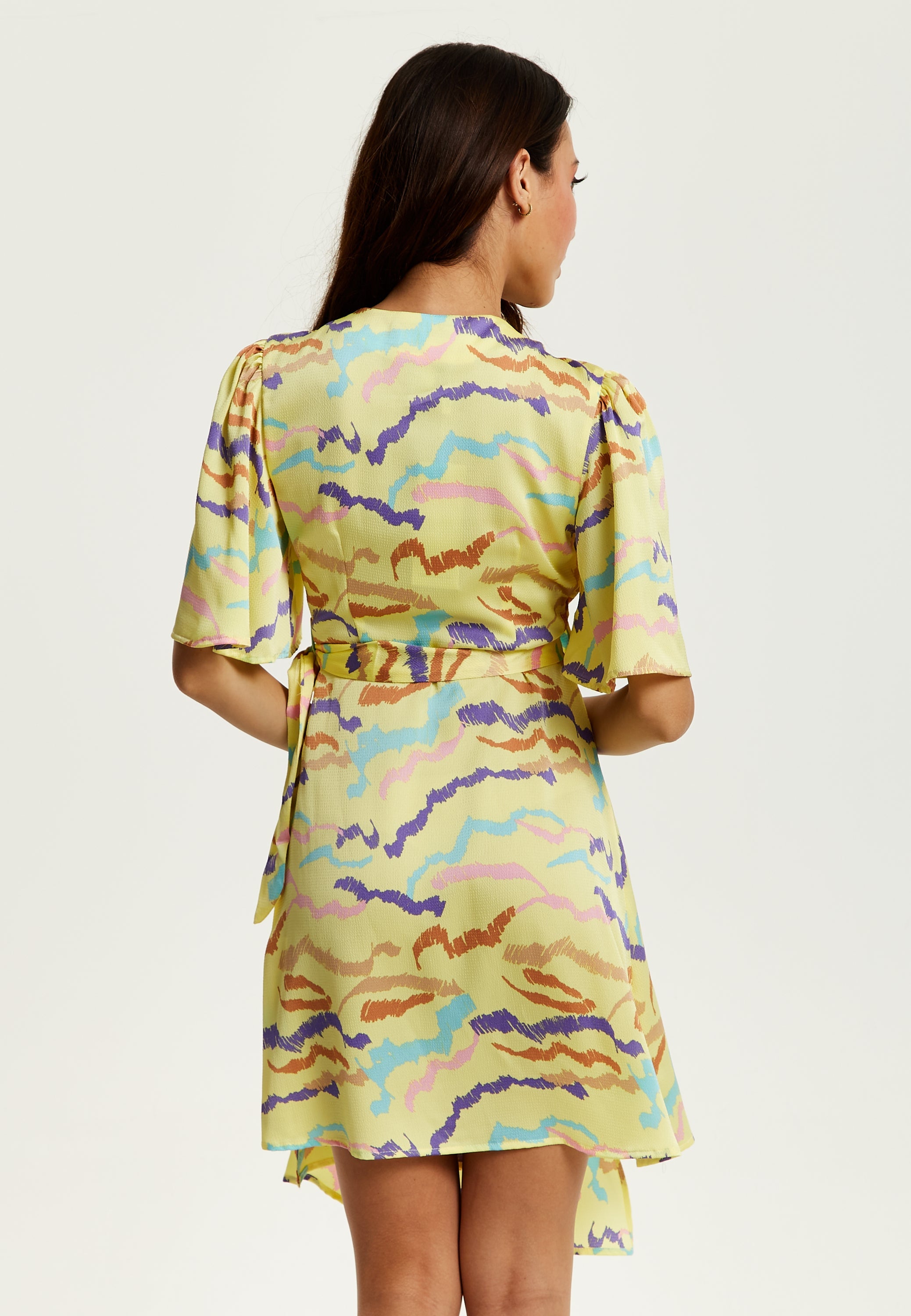 Women's Midi Wrap Dress in Yellow with Kimono Sleeves and Abstract Print - Stylish Design by Liquorish