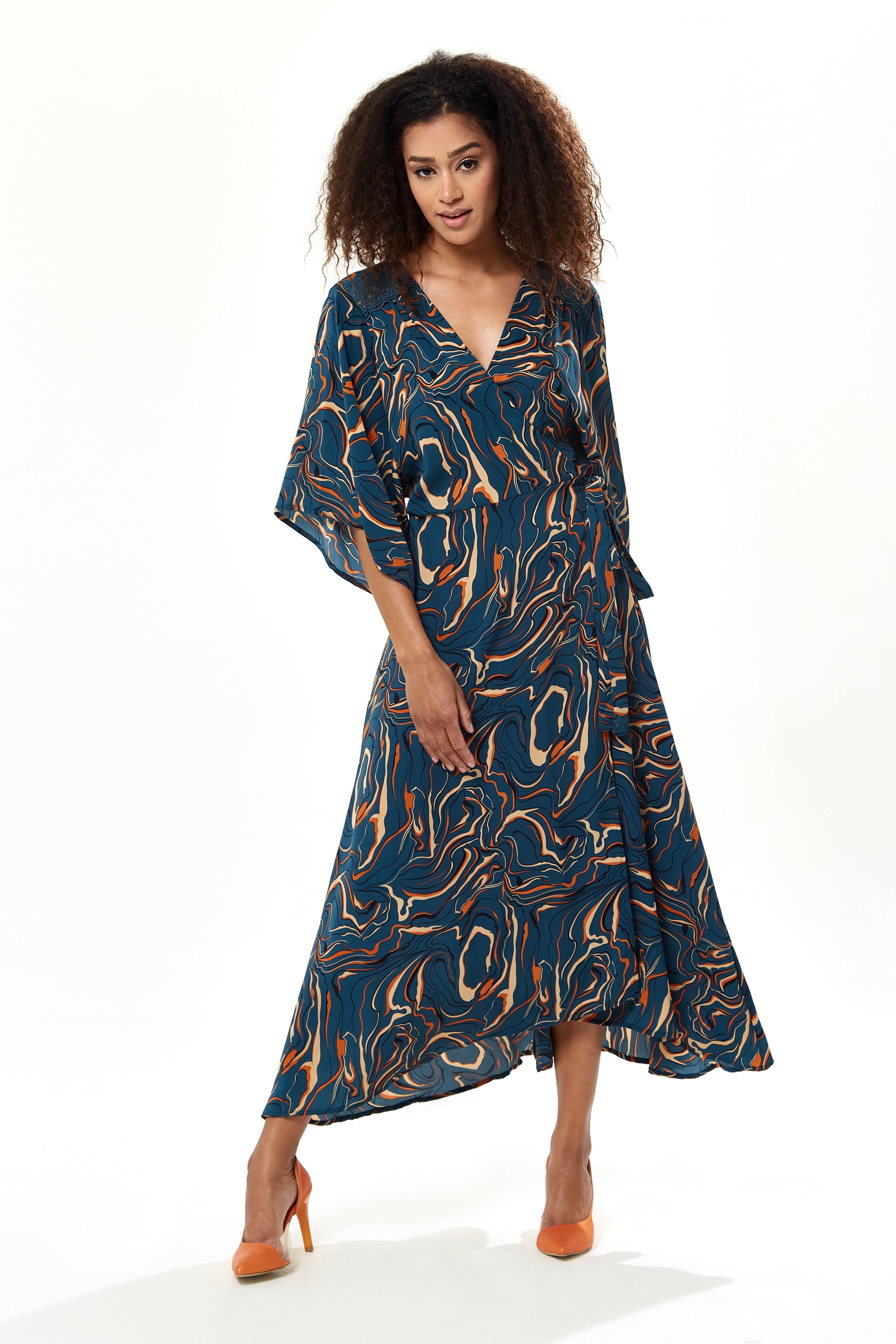 Women's Maxi Dress in Dark Green with Kimono Sleeves and Scribble Print Wrap Design by Liquorish