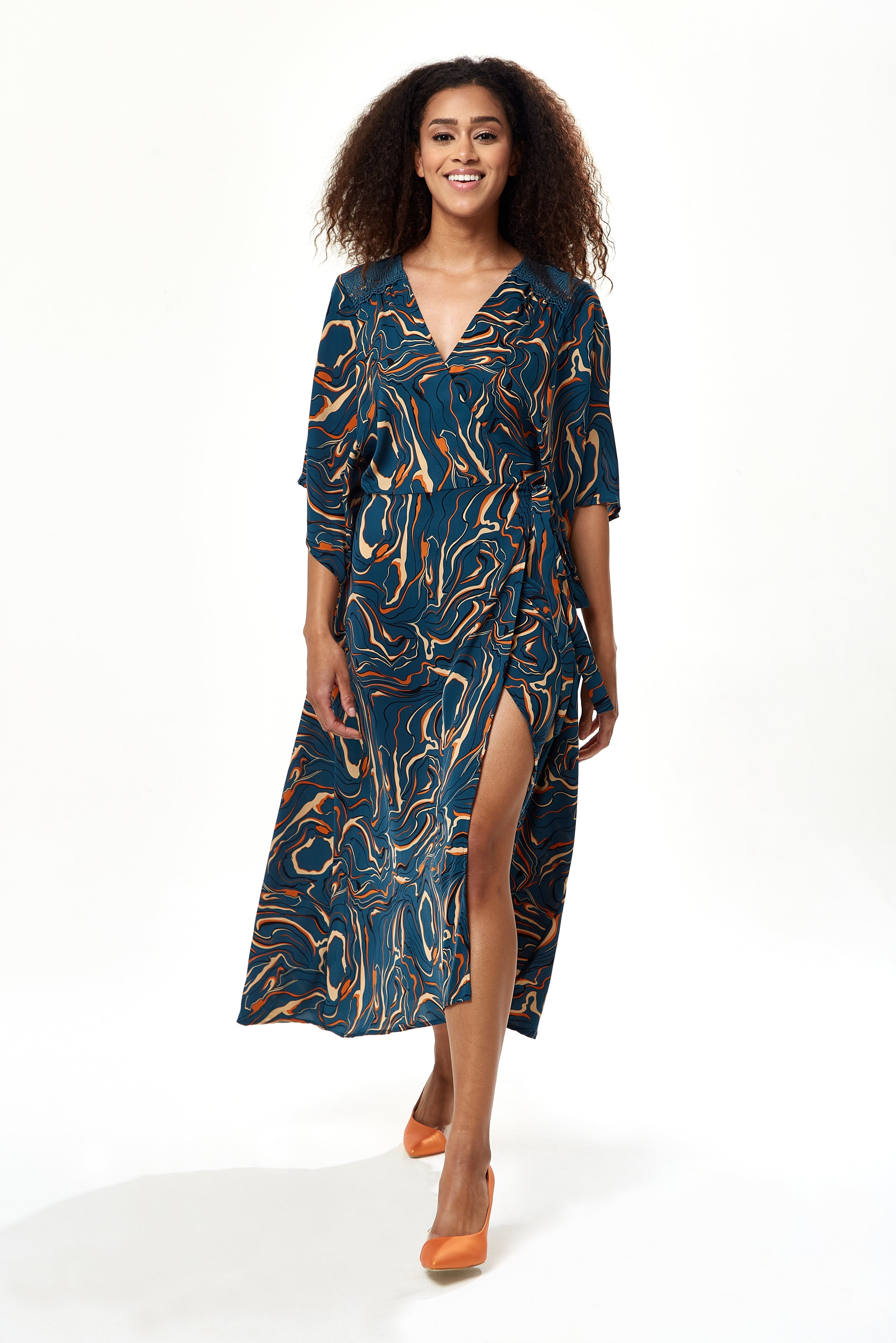 Women's Maxi Dress in Dark Green with Kimono Sleeves and Scribble Print Wrap Design by Liquorish