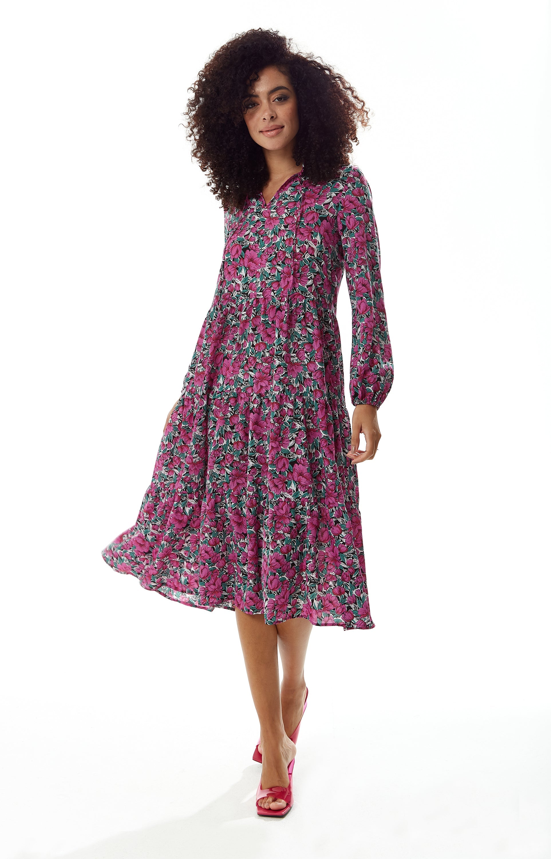 Women's Midi Dress with Long Sleeves in Divine Grace Purple Floral Smock Style by Liquorish