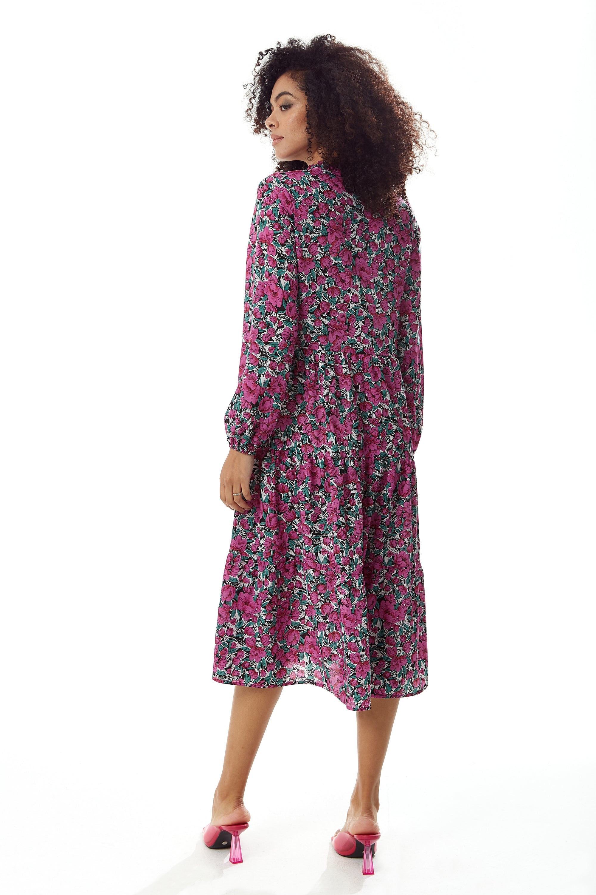 Women's Midi Dress with Long Sleeves in Divine Grace Purple Floral Smock Style by Liquorish