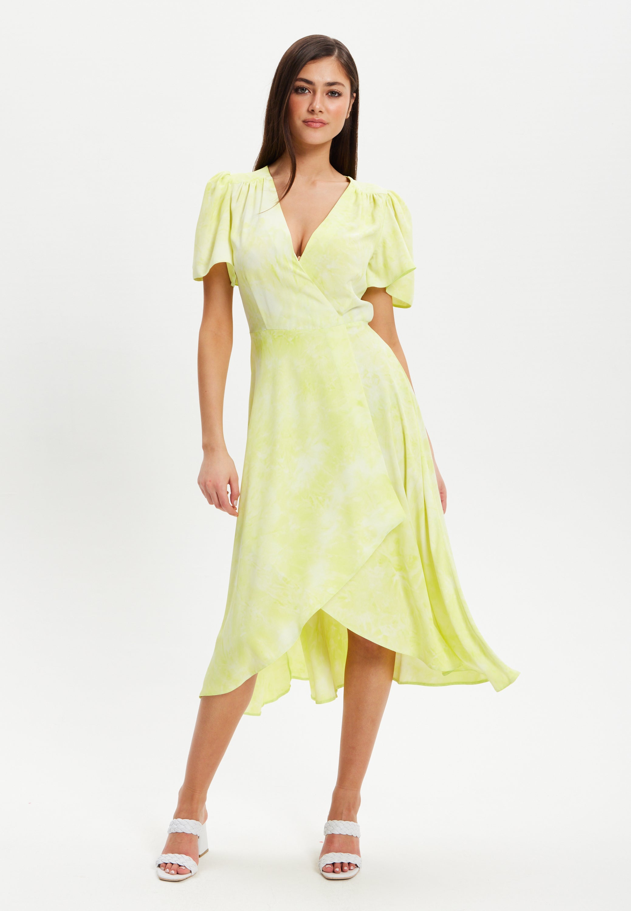 Women’s Midi Dress in Pistachio with Angel Sleeves - Elegant Liquorish Design
