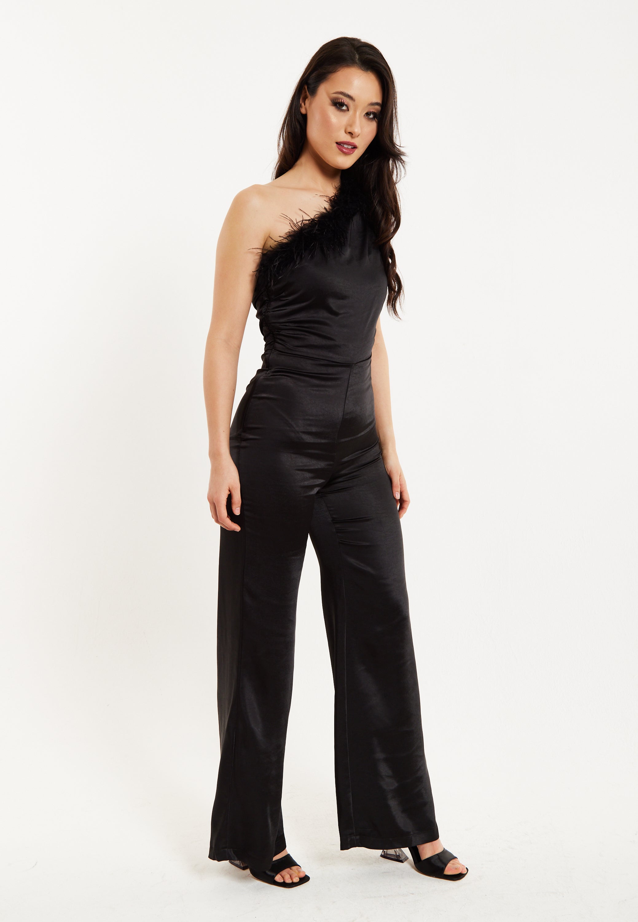 Women’s One Shoulder Slim Fit Black Jumpsuit with Fur Detail and Ruched Bodice - Liquorish
