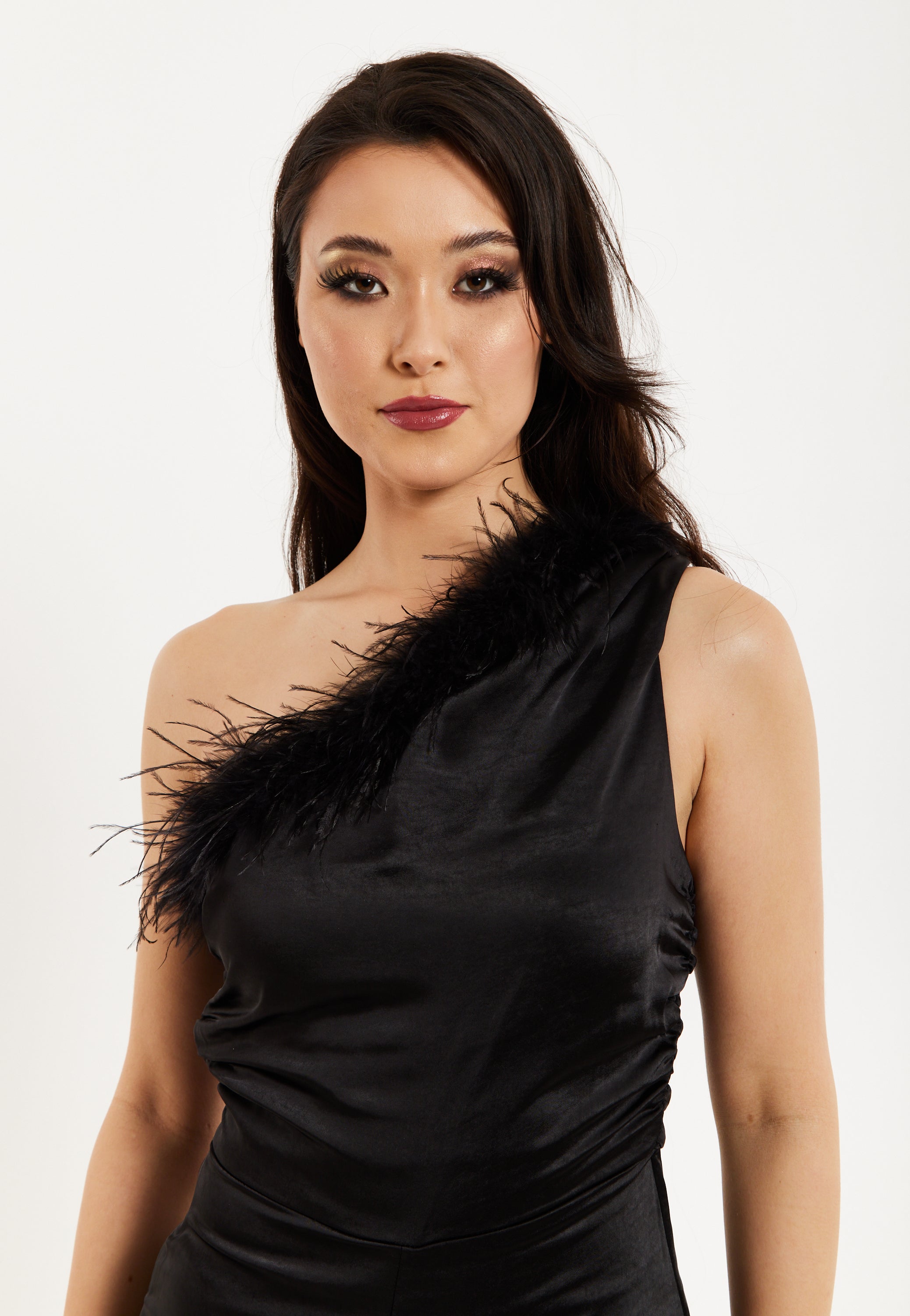 Women’s One Shoulder Slim Fit Black Jumpsuit with Fur Detail and Ruched Bodice - Liquorish