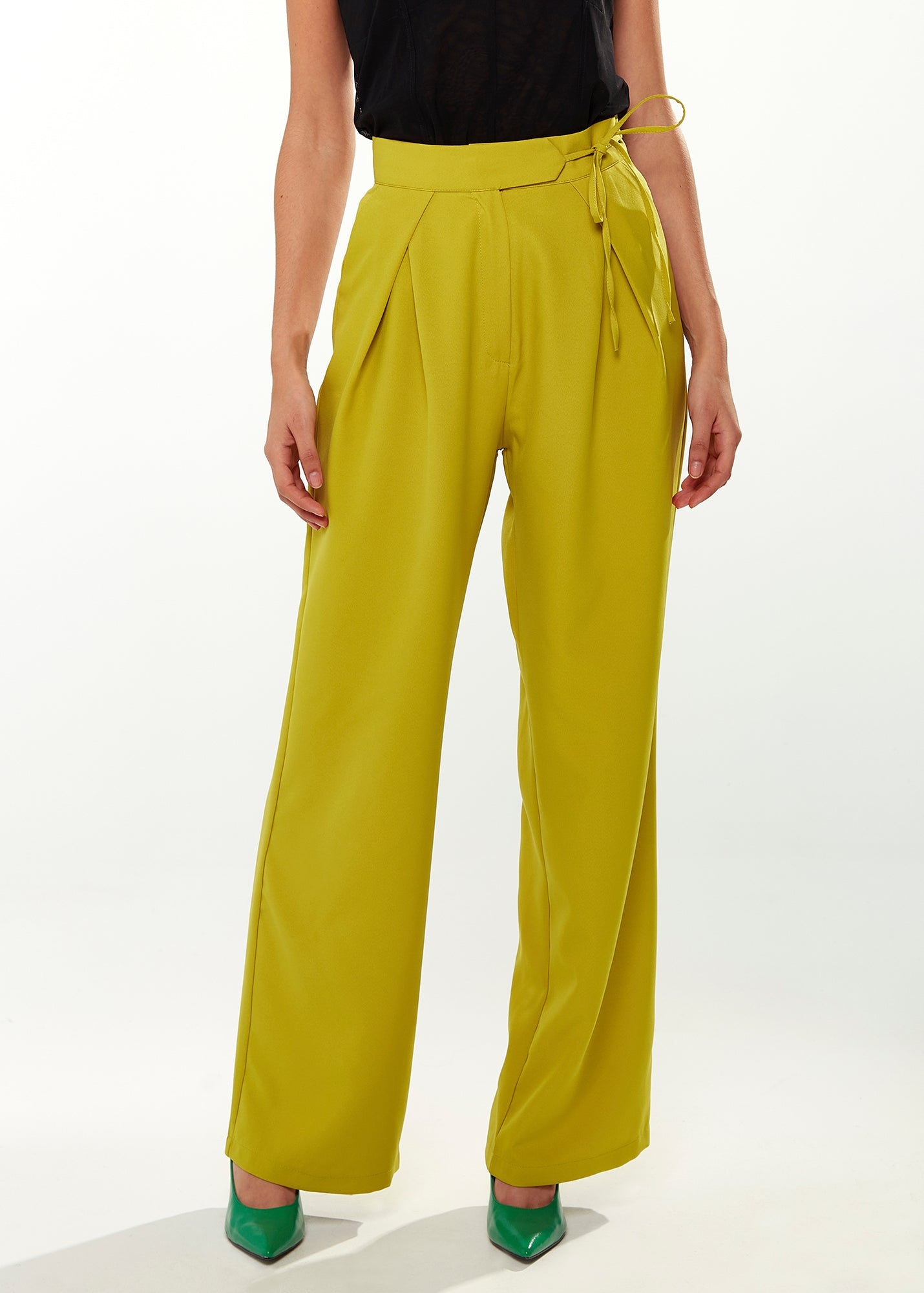 Women's Trousers in Pistachio with Tie Waist, Side Pockets, and Pleated Detail - Liquorish
