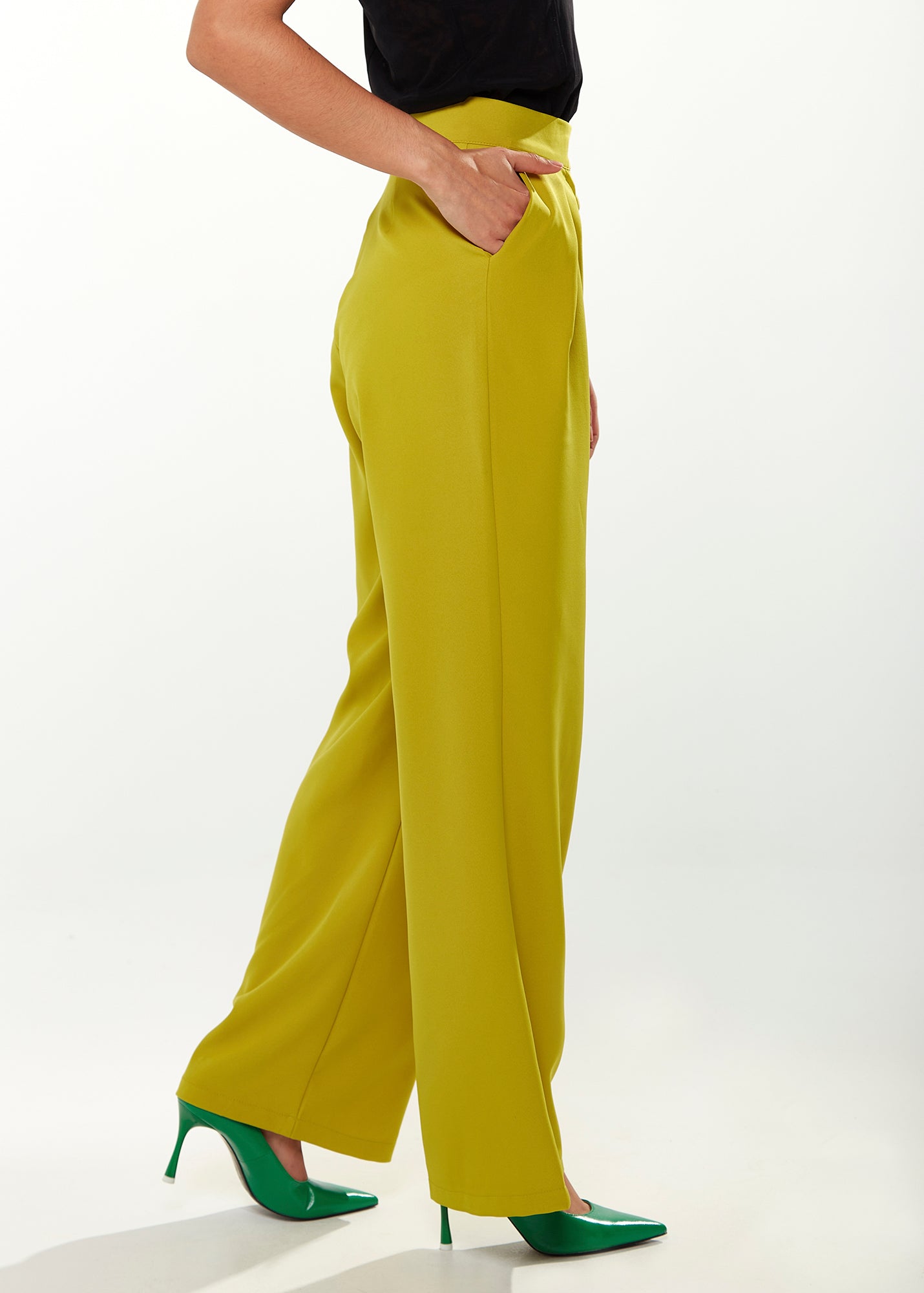 Women's Trousers in Pistachio with Tie Waist, Side Pockets, and Pleated Detail - Liquorish