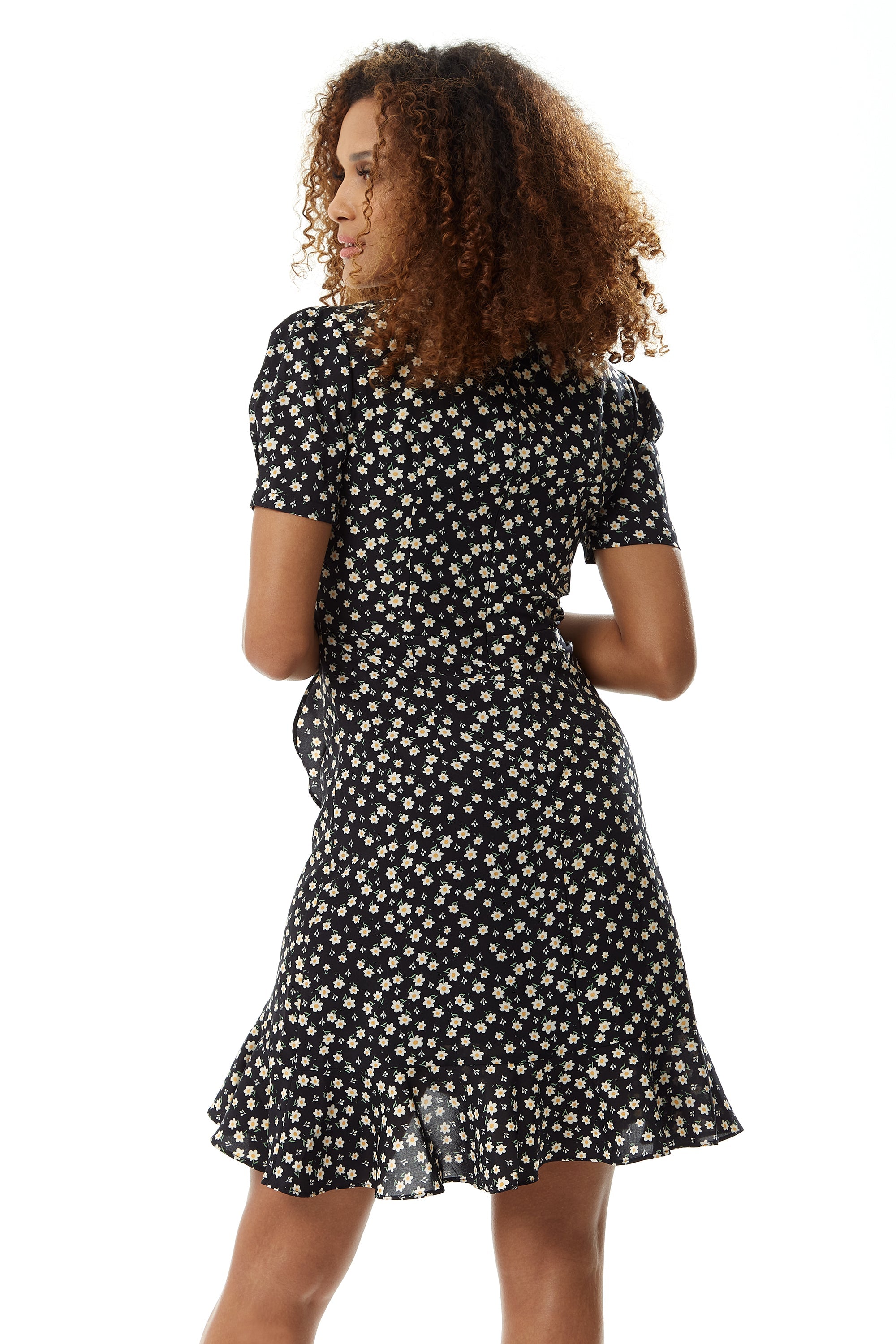 Women's Floral Mini Wrap Dress in Black with Short Sleeves, Button-Up Front, Tie Waist, and Fitted Style for Effortless Elegance